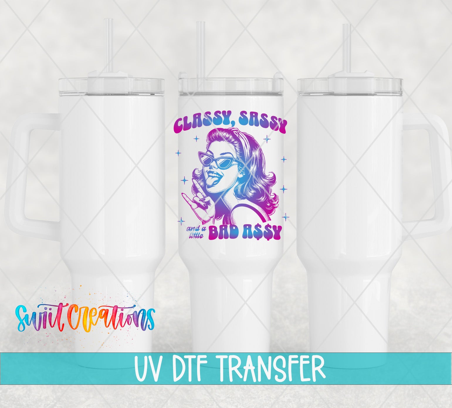 three white tumblers with a colorful design and text printed on them.