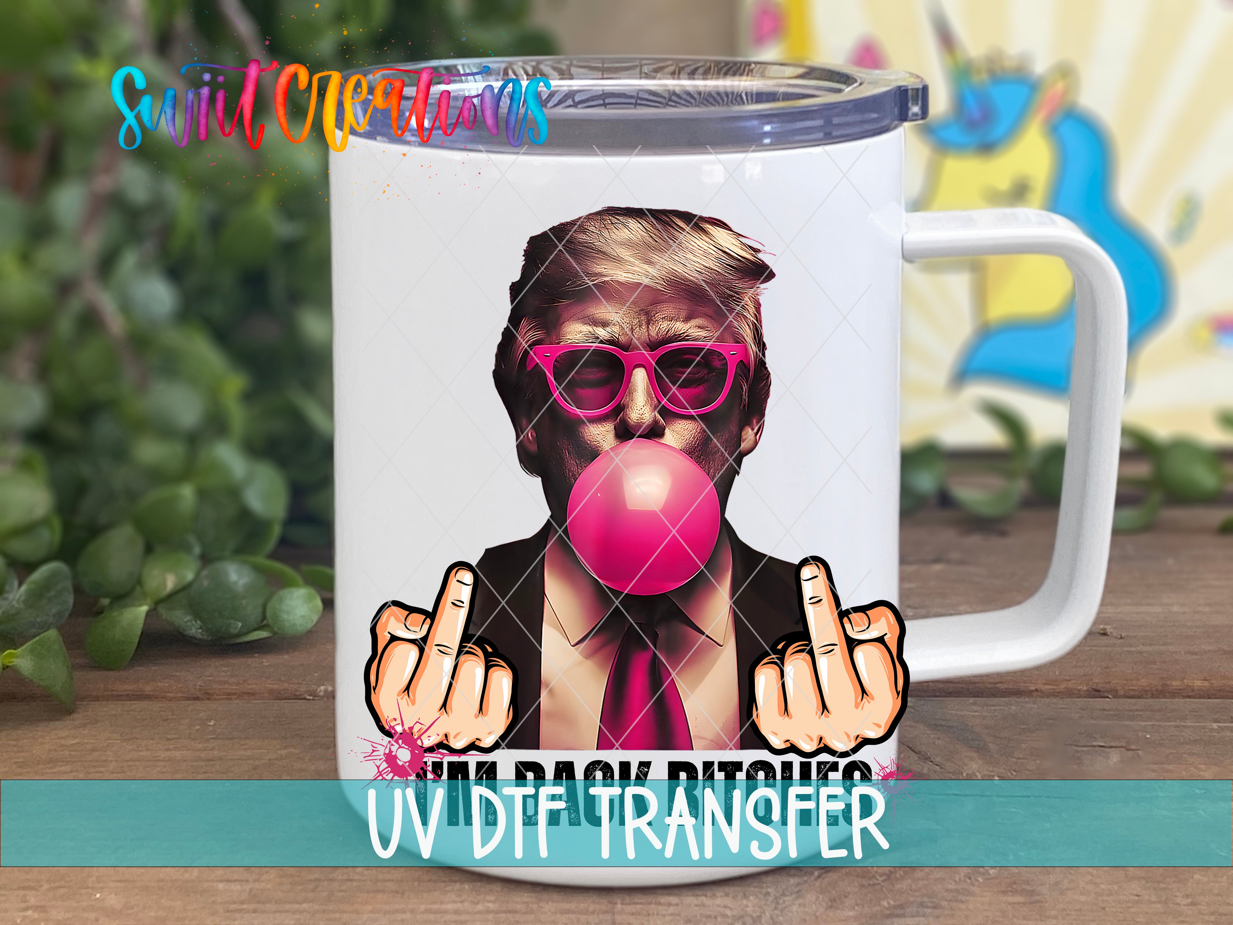 A white mug with a graphic design featuring a man wearing sunglasses and blowing a bubble with his fingers, accompanied by the text "UV DTF Transfer".