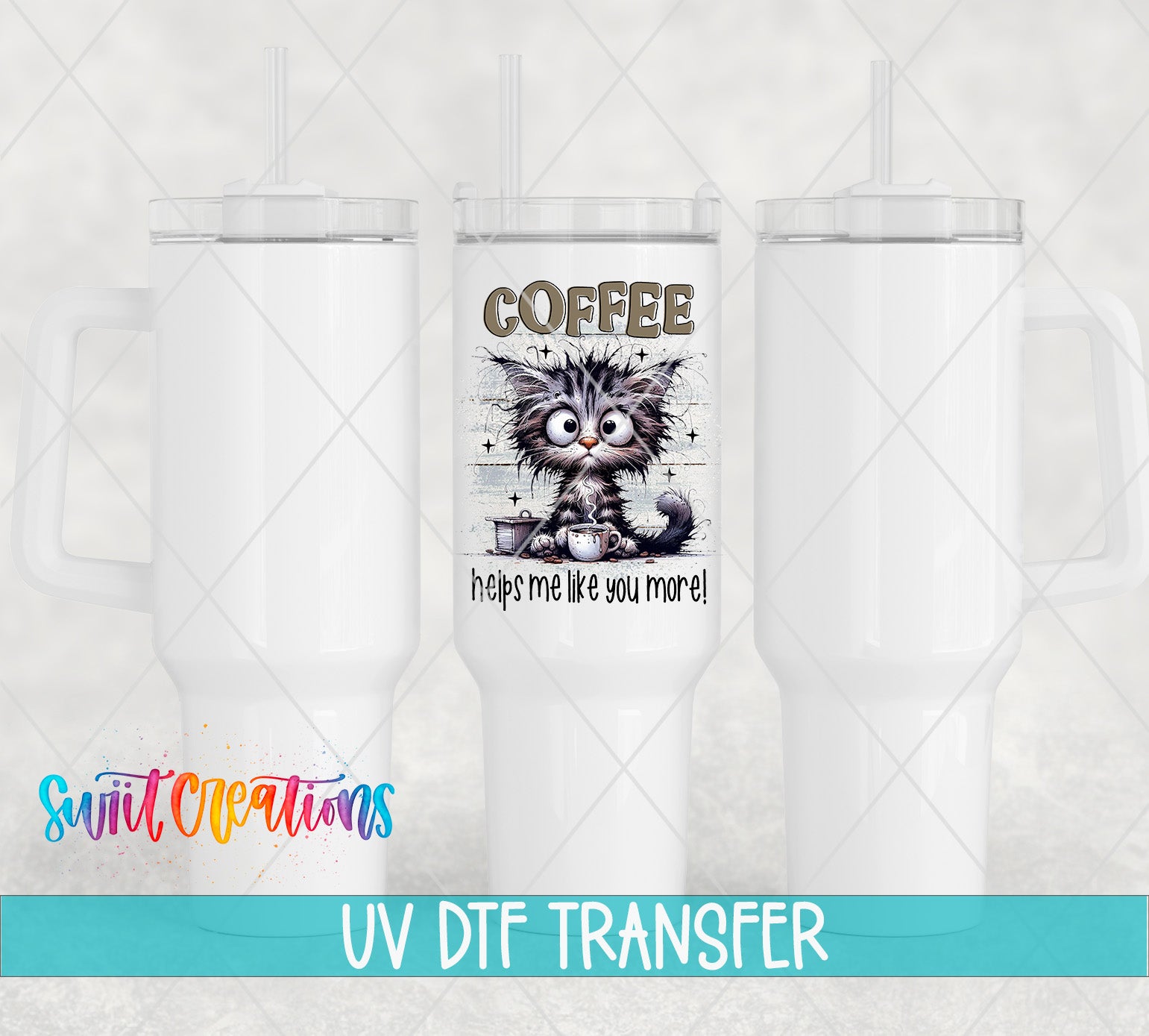 three white tumblers with a cat design and text on them.