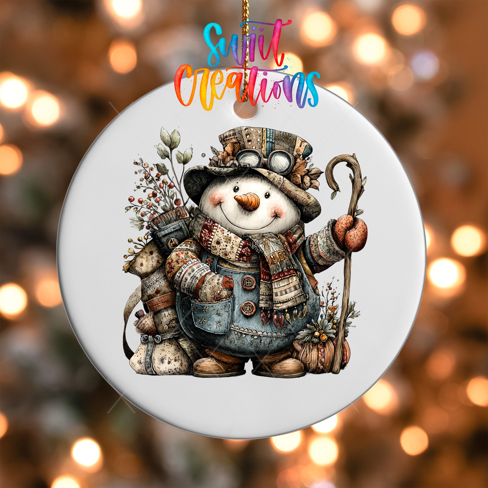 A snowman ornament with a scarf, hat, and carrot nose, surrounded by various holiday decorations, is hanging against a background of twinkling lights.