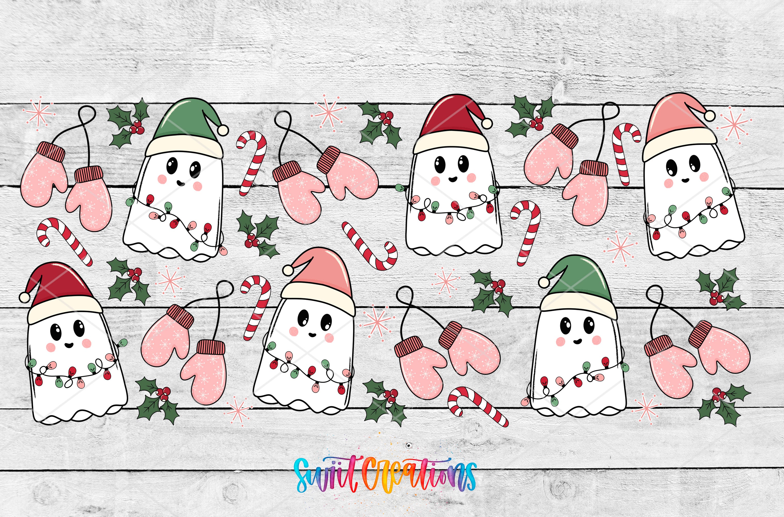 A festive collage of cartoon-style ghost characters, Santa hats, mittens, and candy canes, all set against a wooden background.