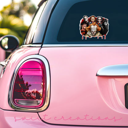 a pink car with a couple of stickers on it