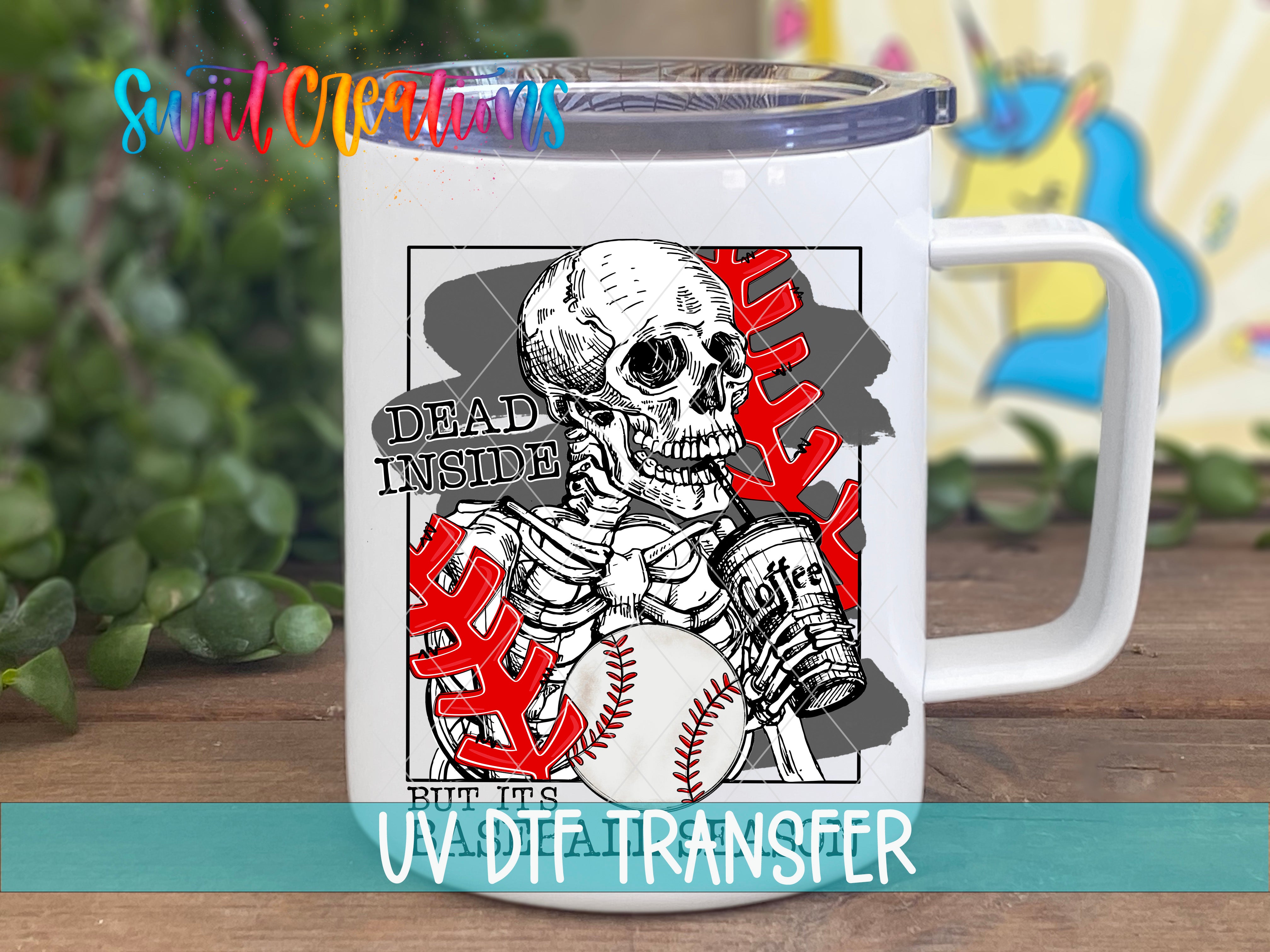 A white mug with a graphic design featuring a skeleton holding a baseball and the text "Dead inside" and "But it's" printed on it.