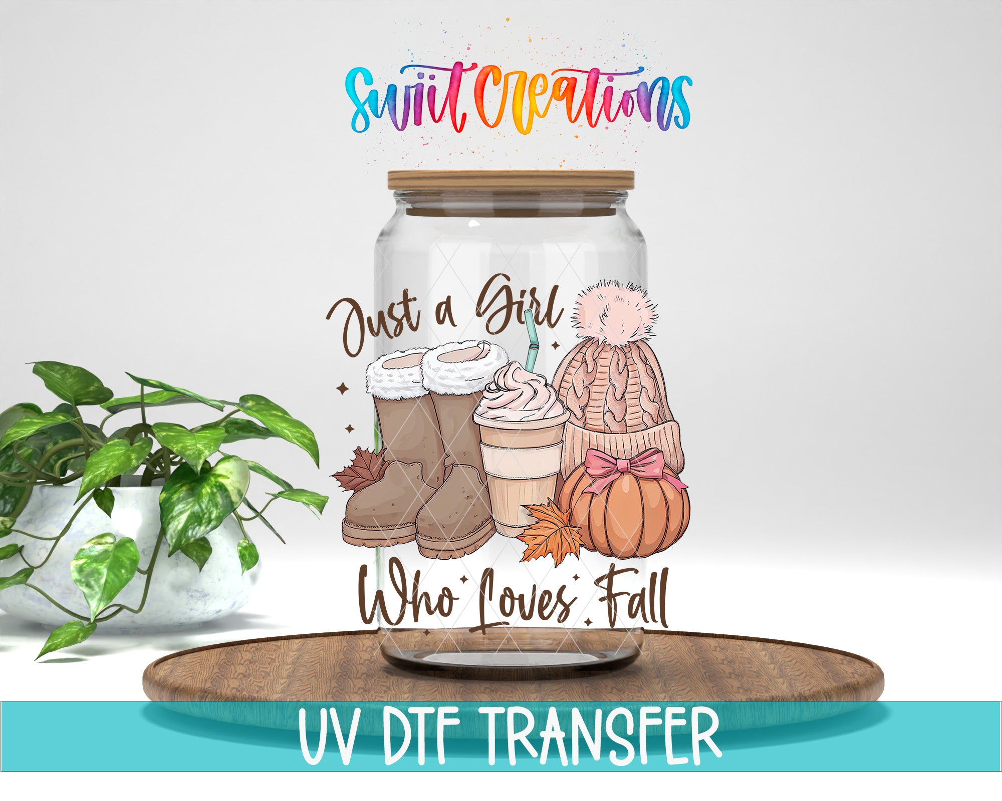 A glass jar with illustrations of fall-themed items, such as boots, a pumpkin, and a cup of coffee, along with the text "Just a Girl Who Loves Fall" and "Swift Creations".