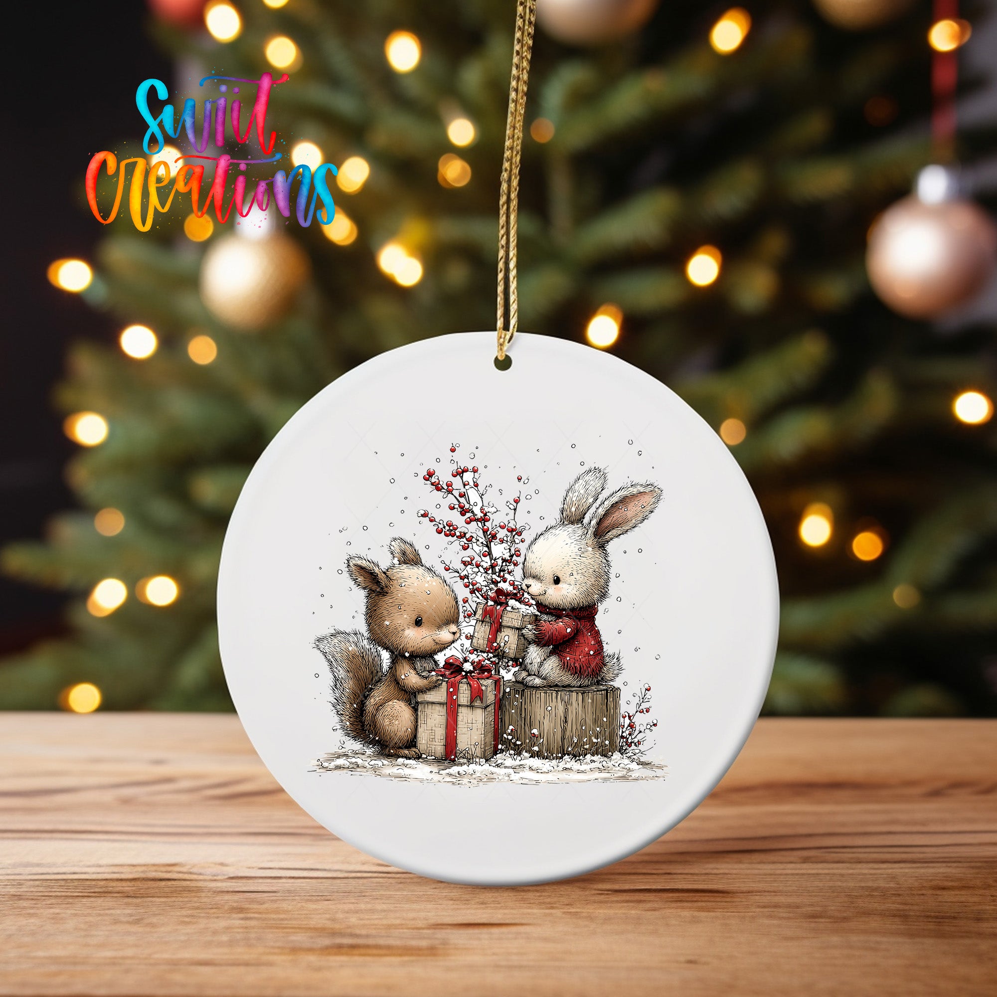 A white ceramic ornament featuring two cute cartoon rabbits, one holding a gift box, sitting on a wooden surface with a blurred background of a Christmas tree and twinkling lights.