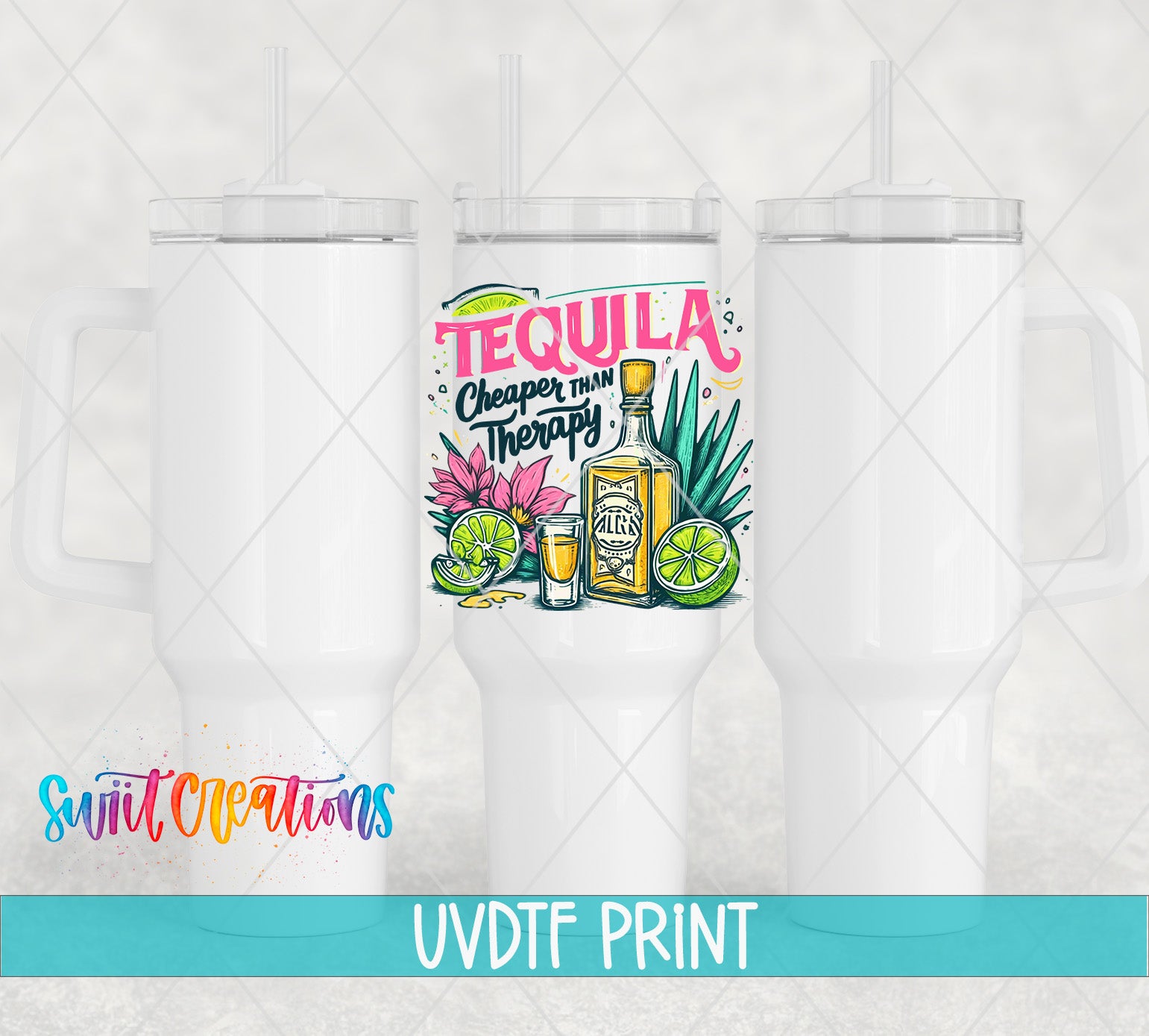 a white tumbler with a colorful graphic design on it, including a tequila bottle, lime slices, and other tropical elements.