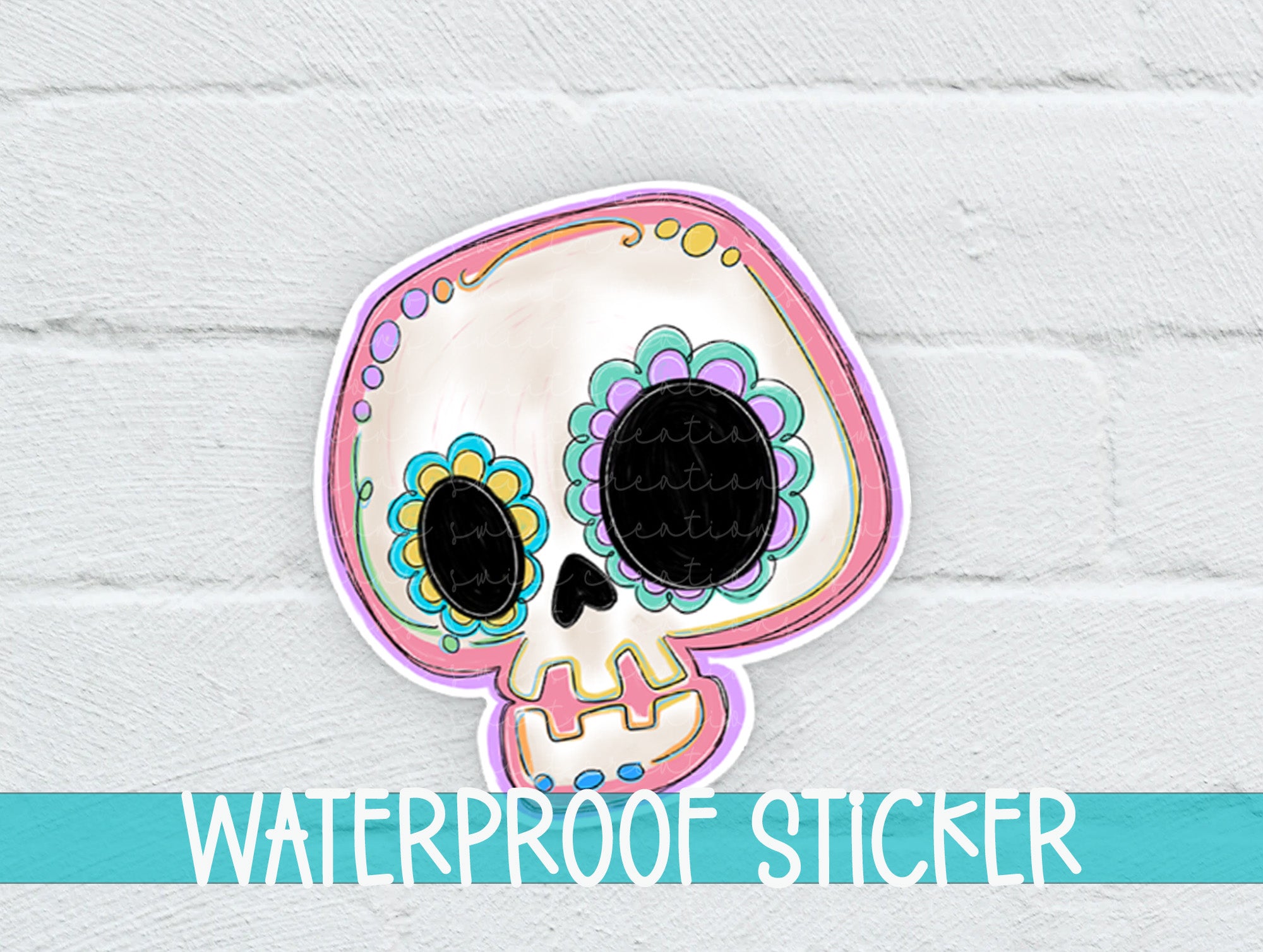 a sticker of a skull with flowers on it