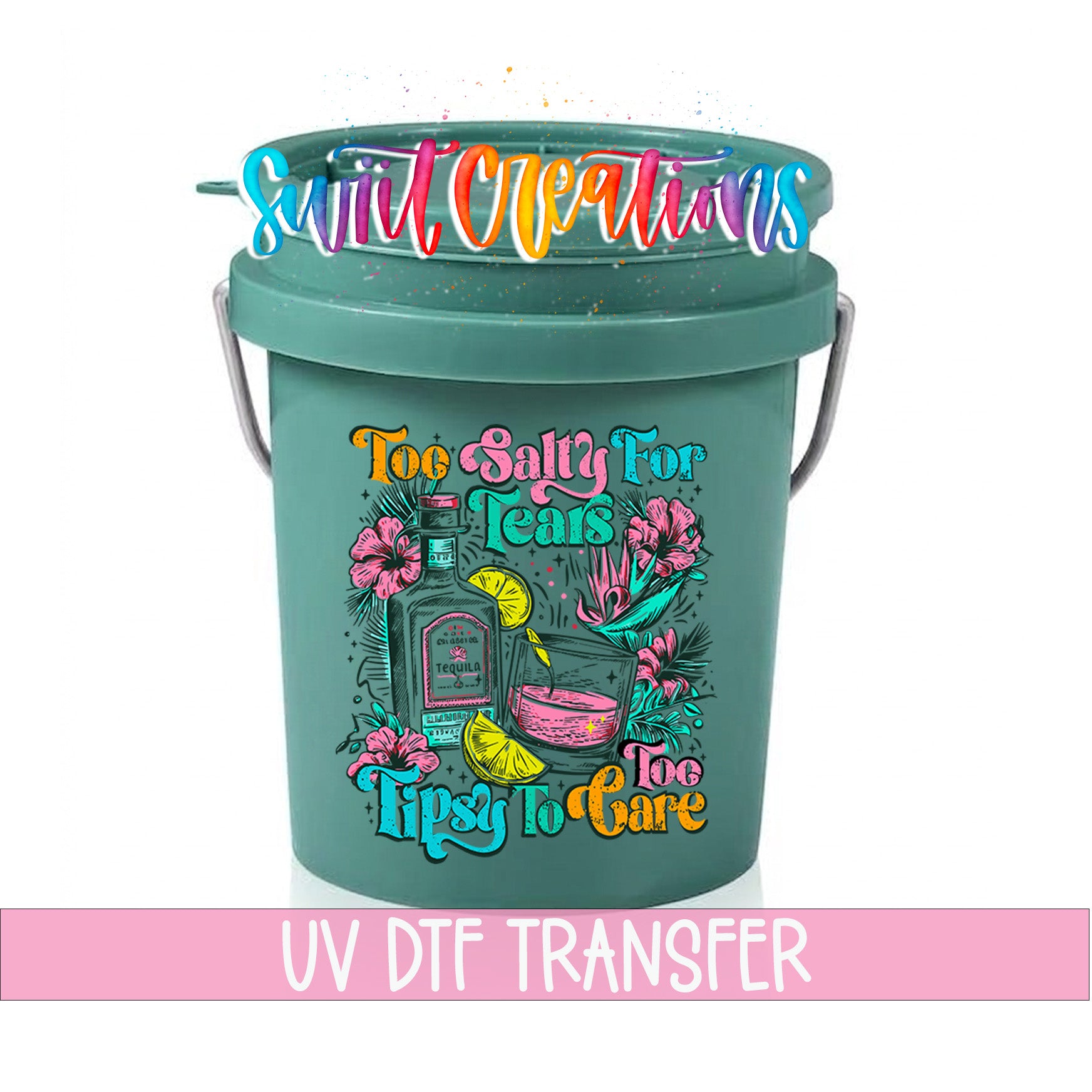 A green bucket with a colorful graphic design and text printed on it.