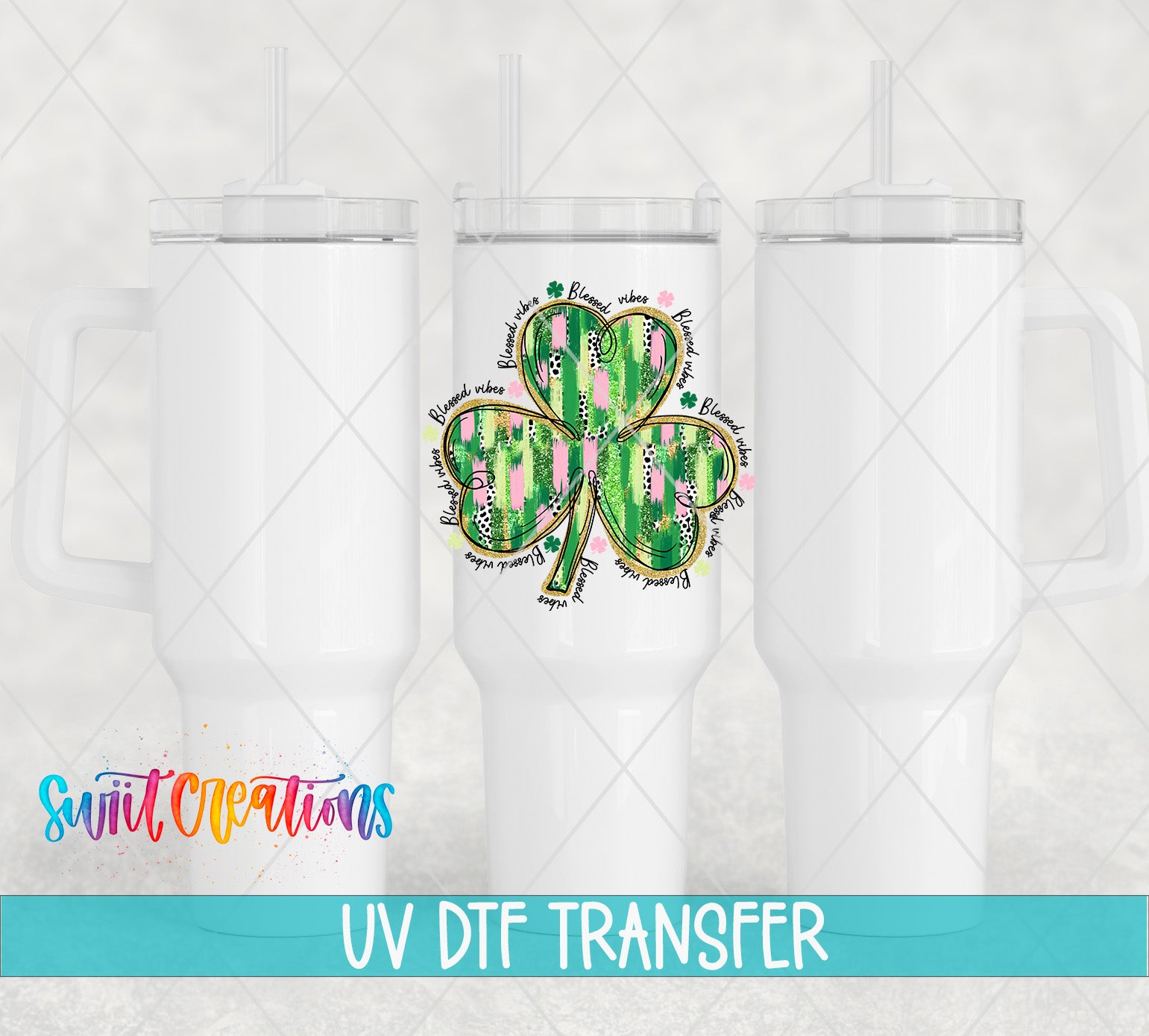 three white tumblers with a colorful design of a shamrock on them, along with the text "UV Dtf Transfer" and "Switc Productions" written below the tumblers.