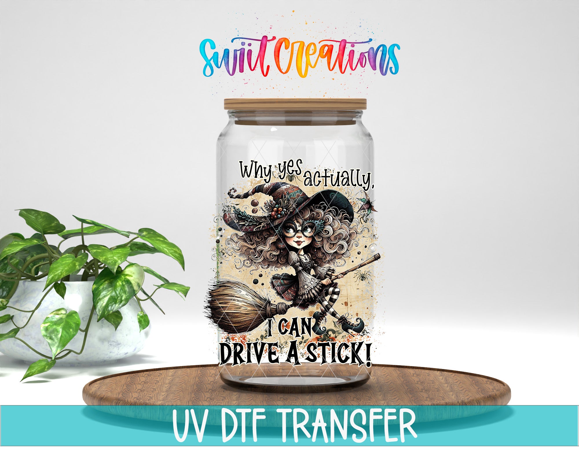 a glass jar with a witch illustration and text, placed on a wooden surface.