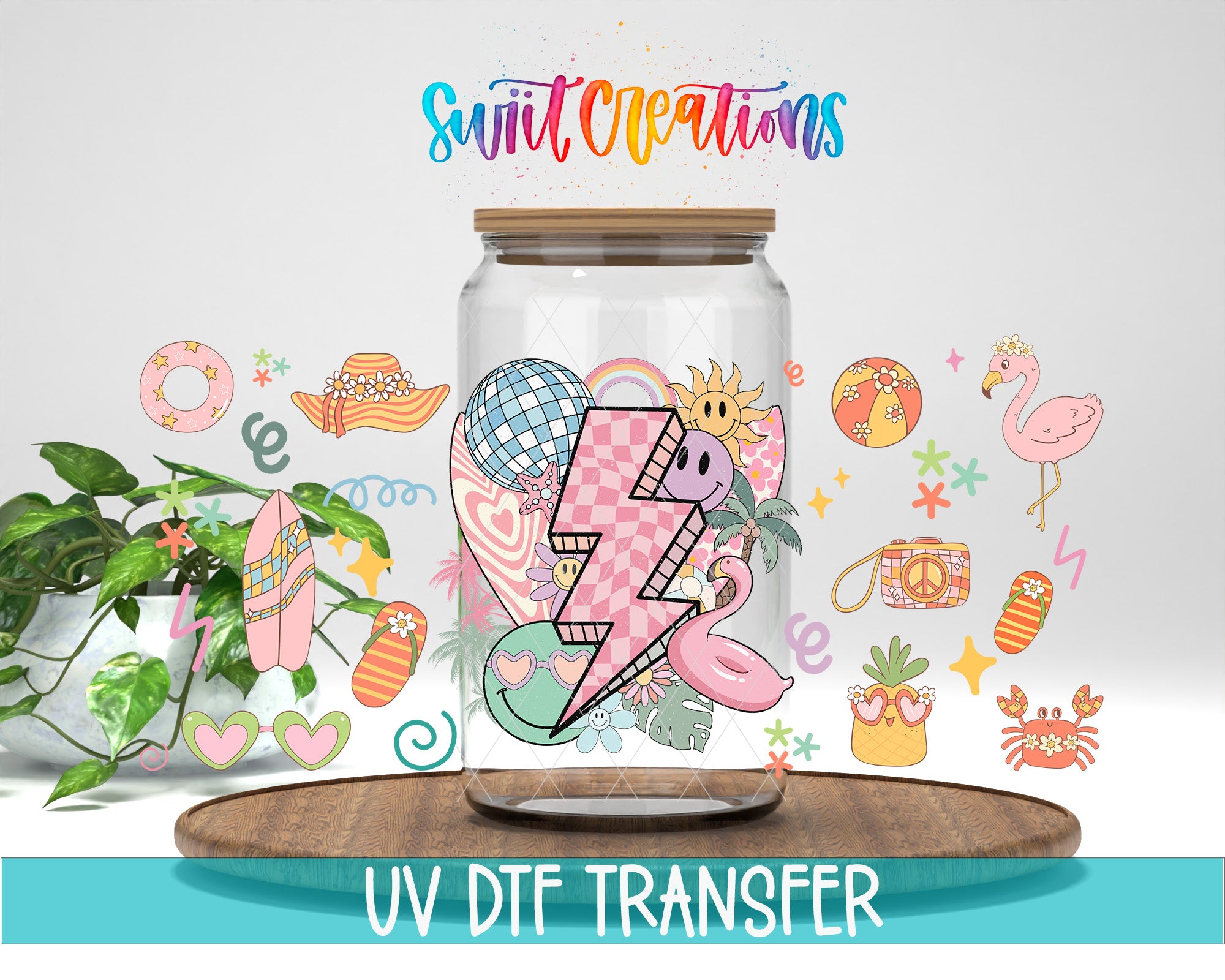 a glass jar with a colorful and whimsical design, surrounded by various illustrations and objects, including a flamingo, a surfboard, and a peace sign.