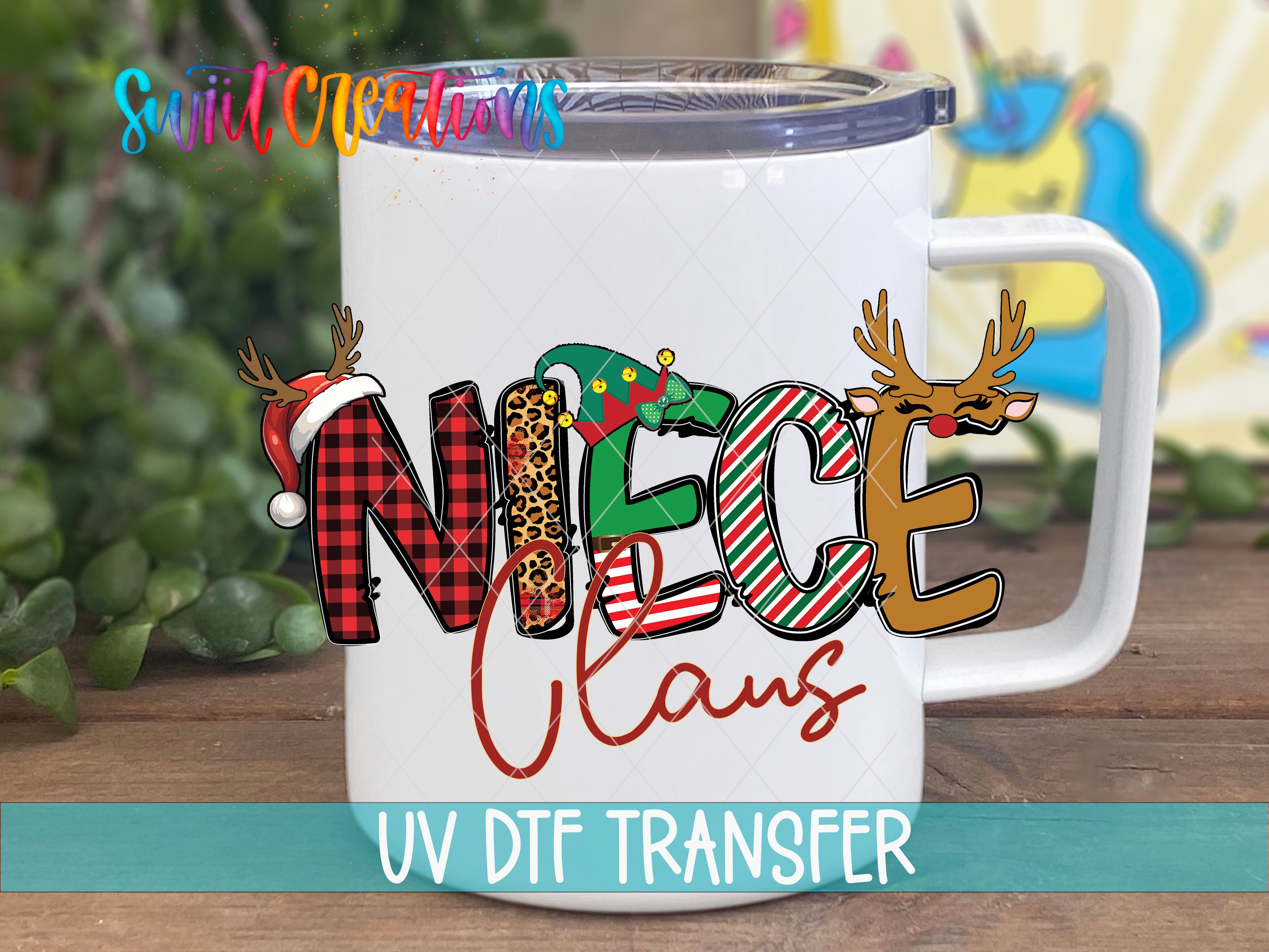 A white mug with a colorful design featuring the text "NICE CLANS" and various holiday-themed elements such as reindeer and a snowman.