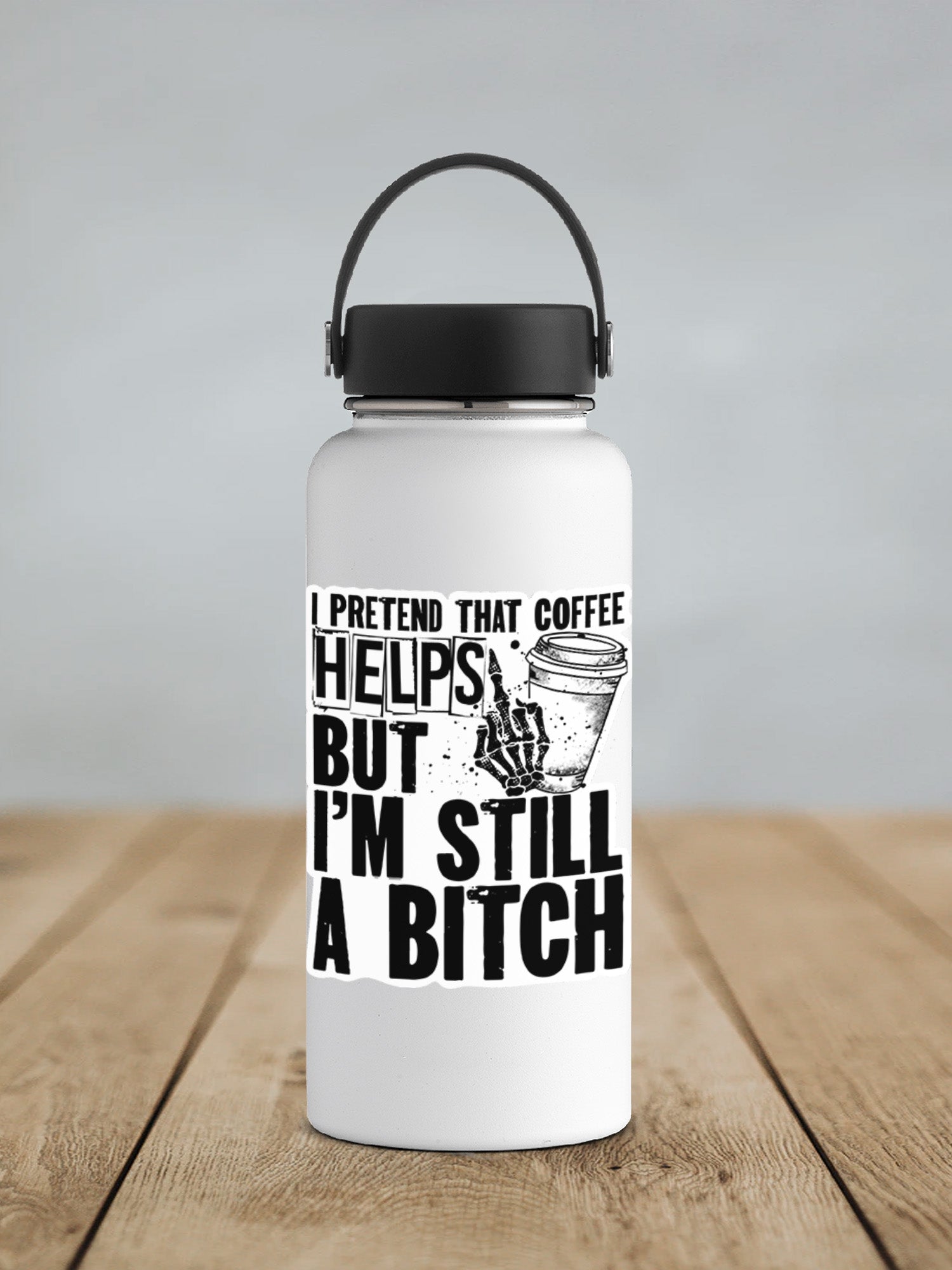 a white water bottle sitting on top of a wooden table