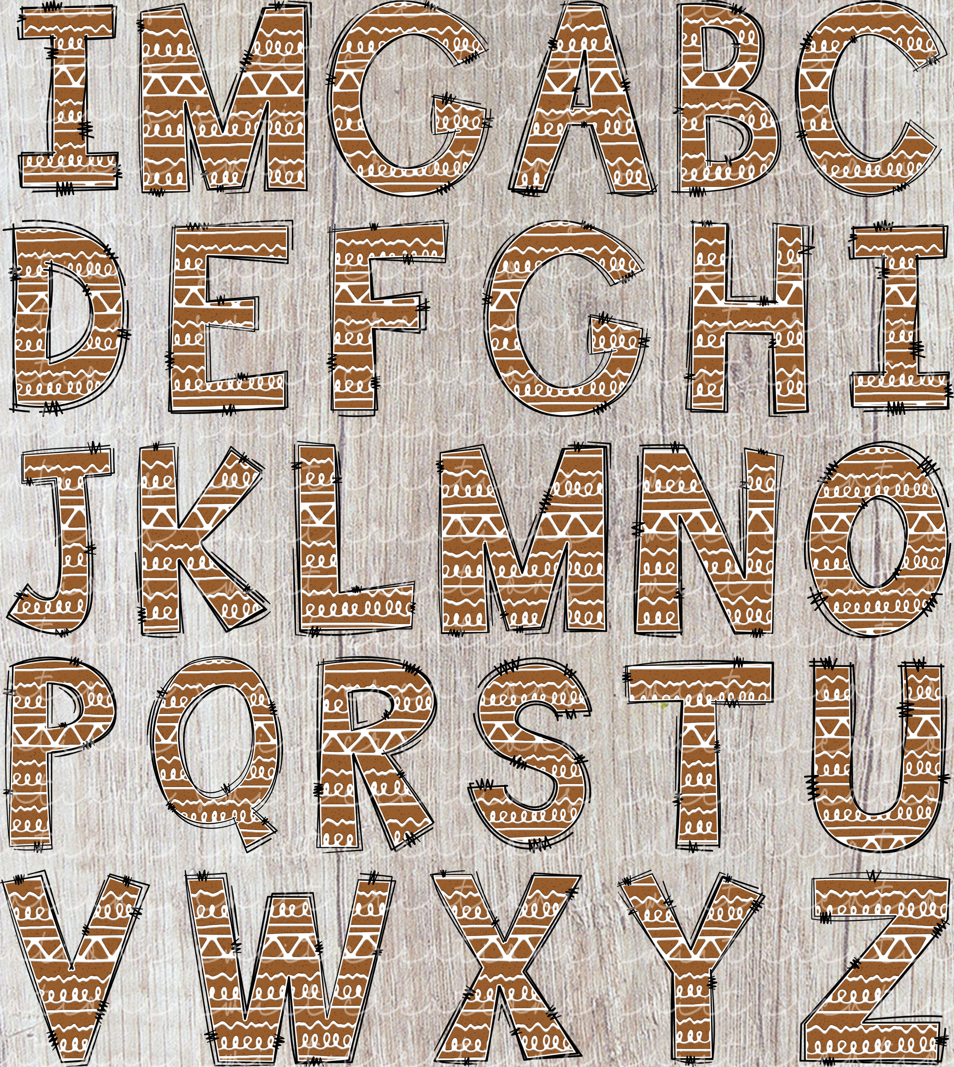 the letters of the alphabet, each with a unique brown and white pattern design.