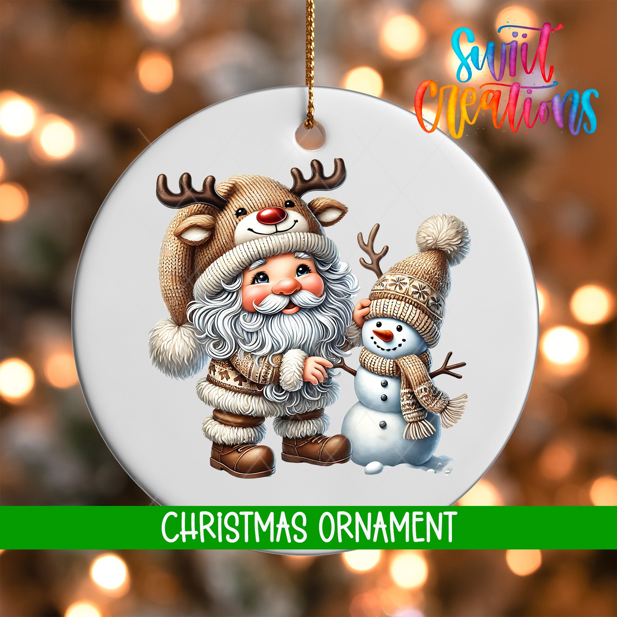 A Christmas ornament featuring Santa Claus and a snowman, with the text "Christmas Ornament" below the image.