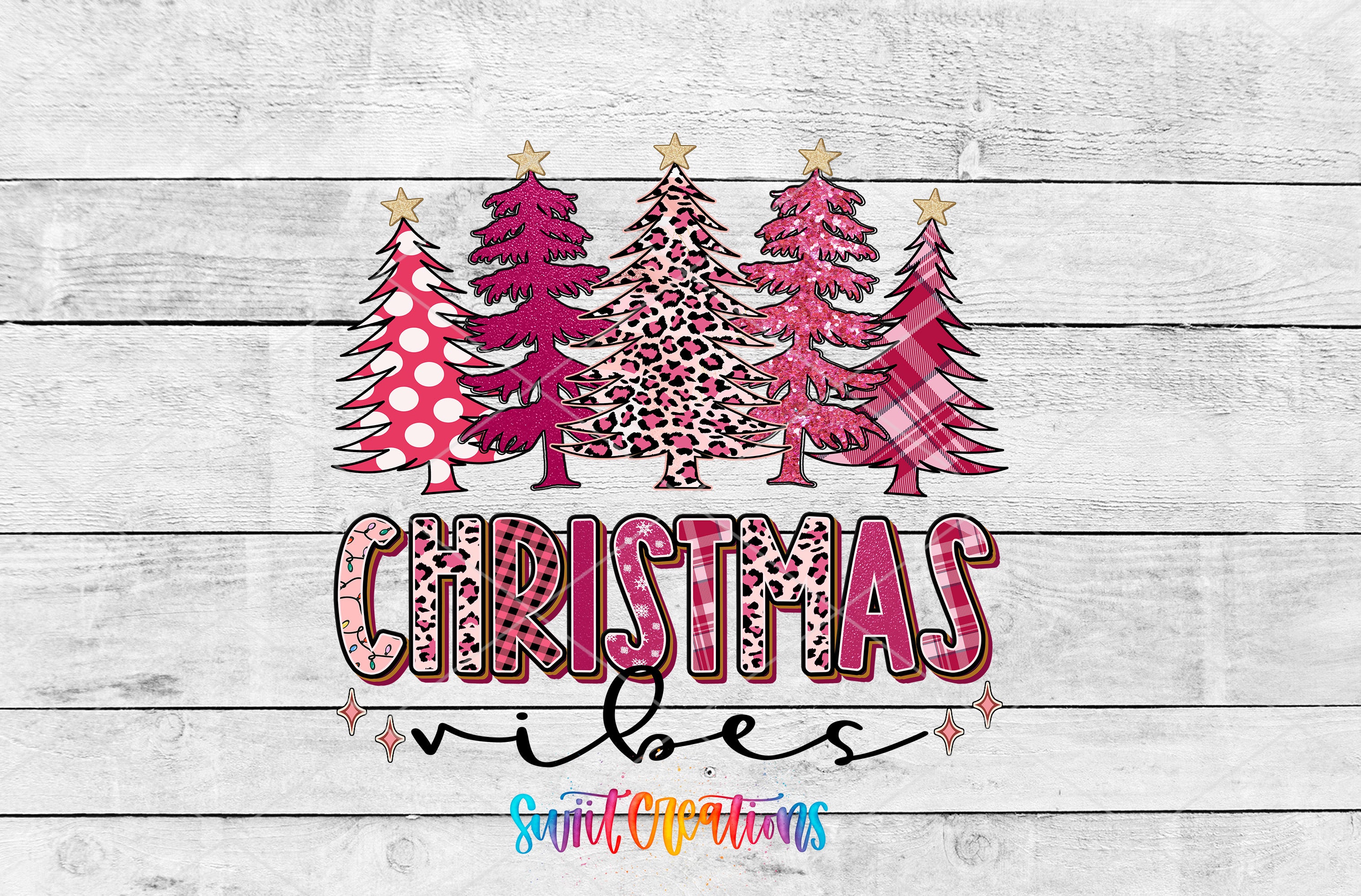 A collage of Christmas trees in various colors and patterns, along with the text "Christmas vibes" written in a stylized font.