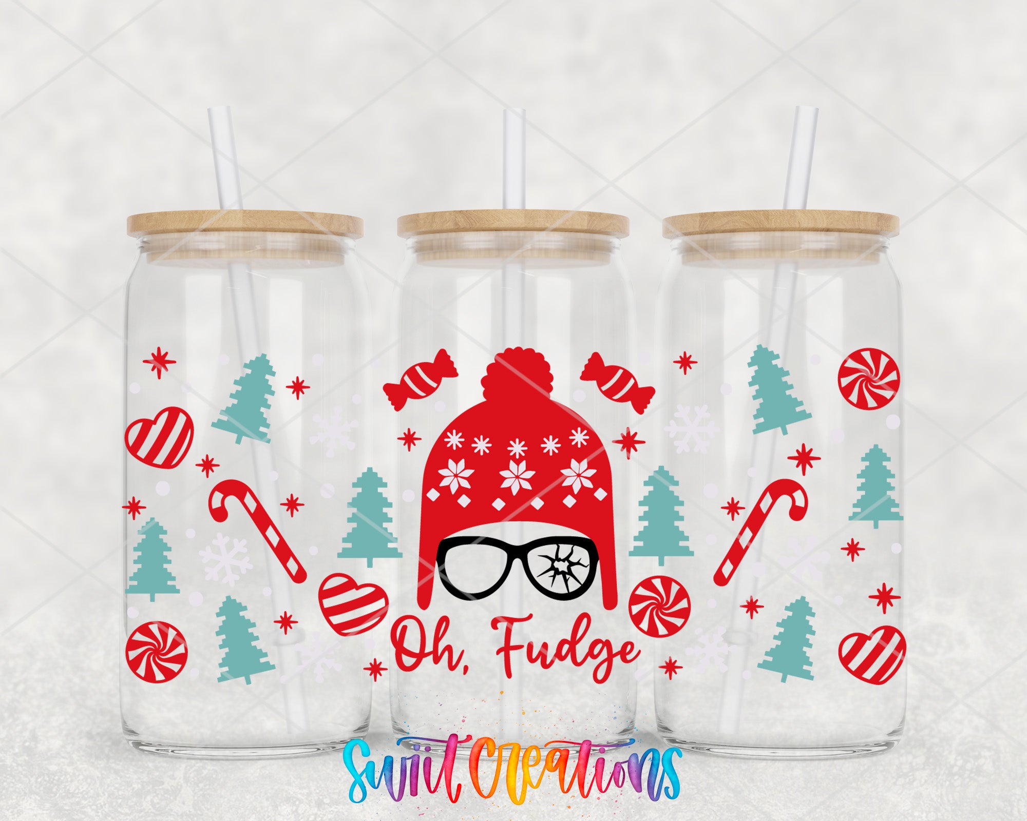 A collage of three glass tumblers with Christmas-themed designs, including a red hat with a pair of glasses, snowflakes, candy canes, and pine trees.
