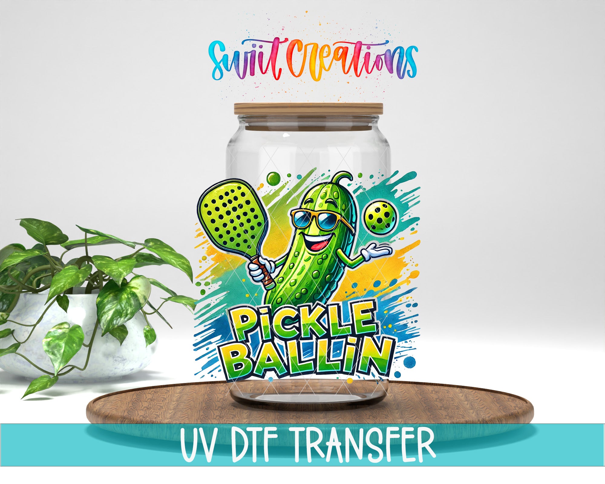 a glass jar with a cartoon pickle wearing sunglasses and holding a tennis racket, surrounded by colorful splashes and text.
