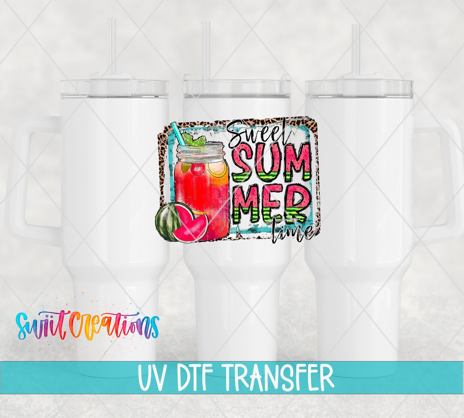 a white mug with a colorful design and text that says "Sweet Summer Time" along with a mason jar and a watermelon slice.