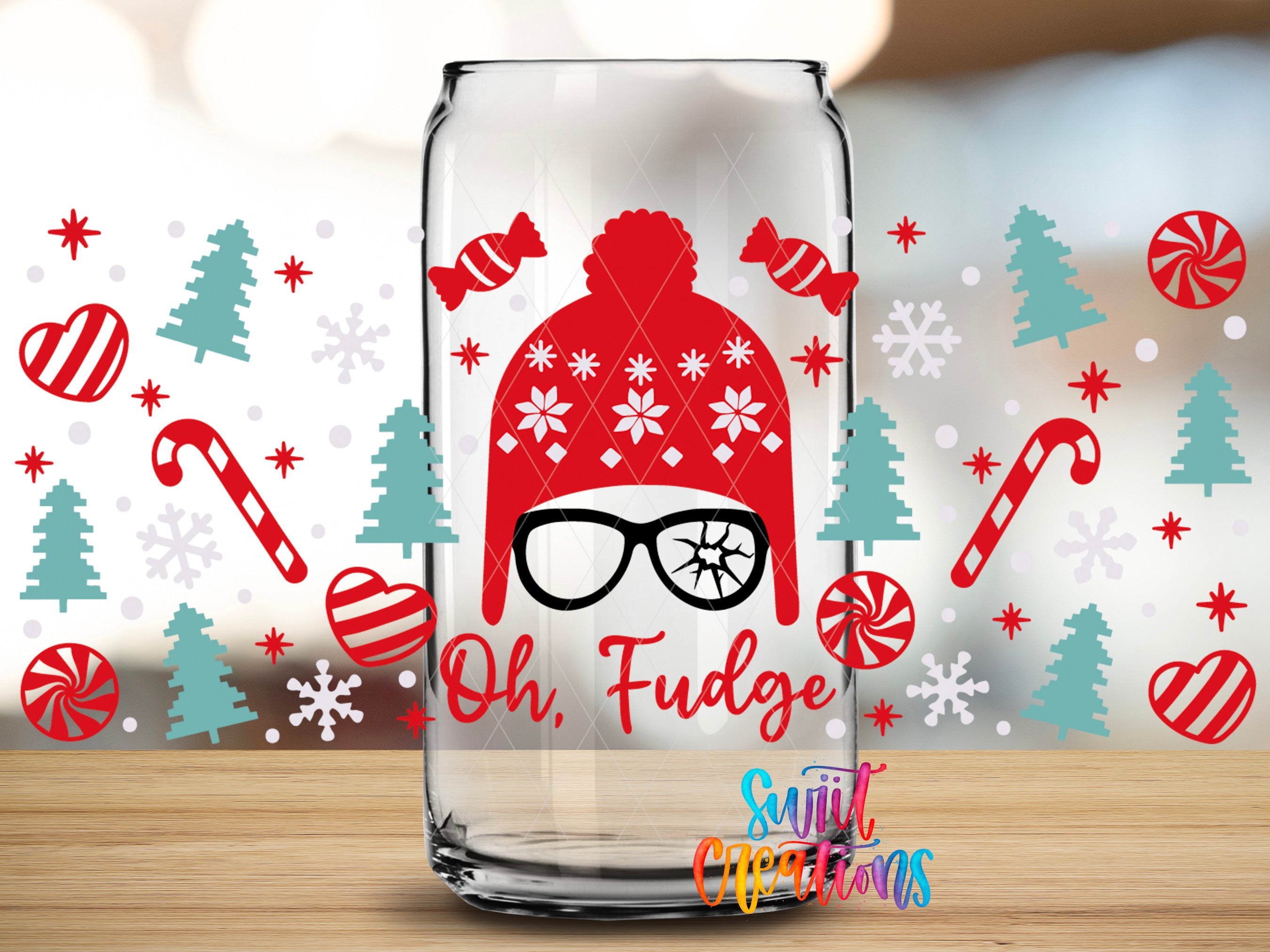 A glass can with a red hat and glasses design, surrounded by Christmas-themed elements such as snowflakes, candy canes, and pine trees.