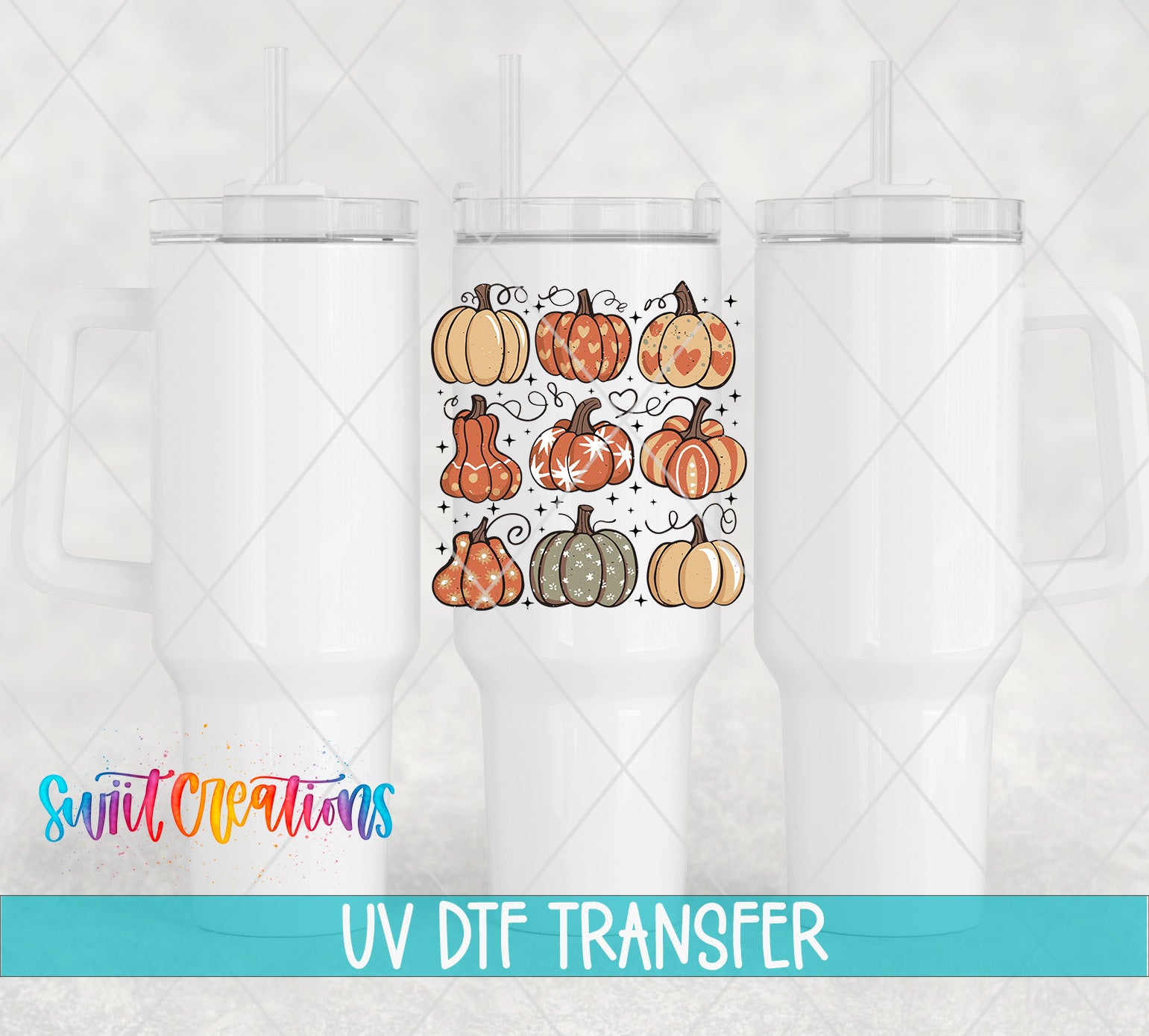 three white tumblers with a pumpkin design printed on them.