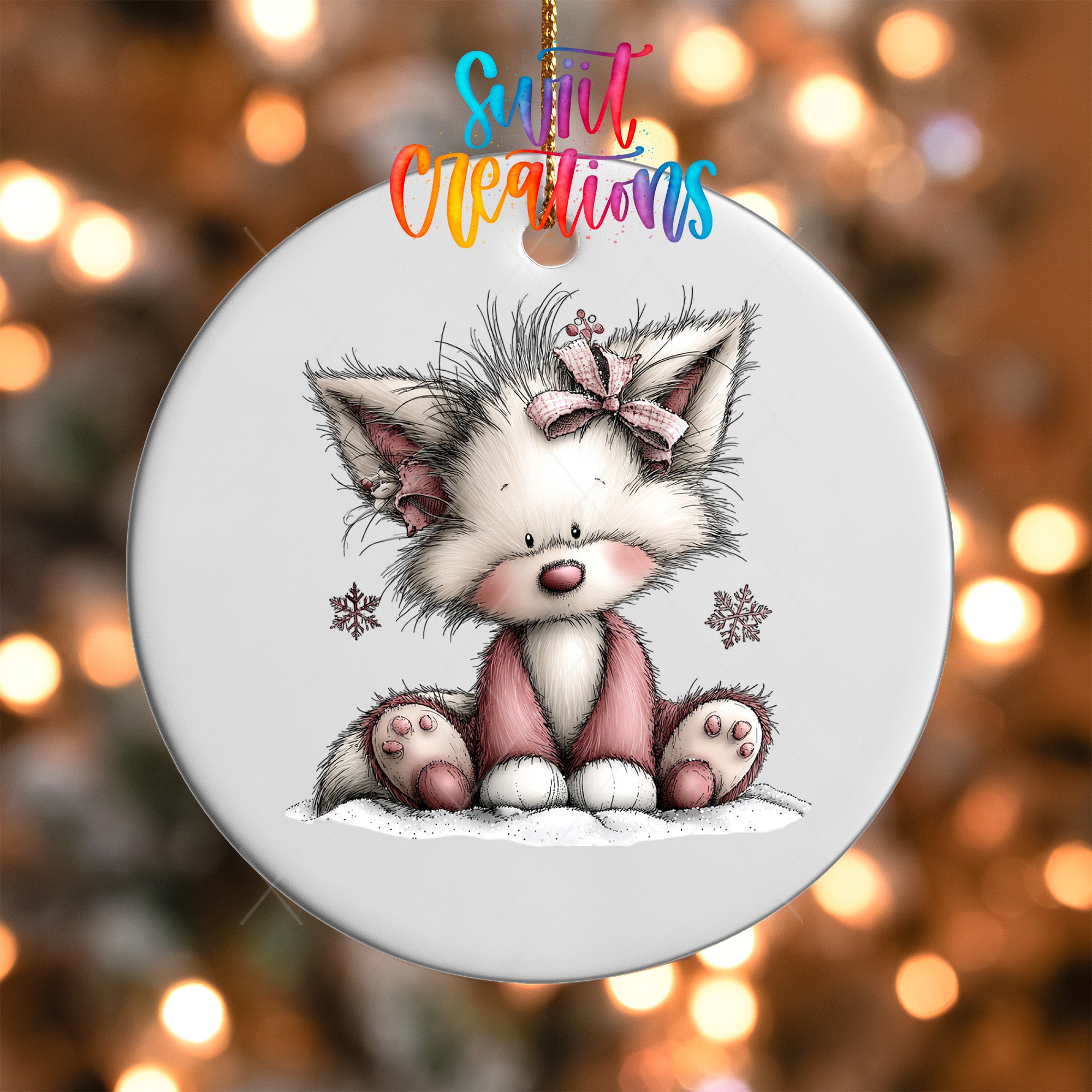 A white ceramic ornament featuring a cute, furry cat with a bow on its head, sitting on a snowy surface.