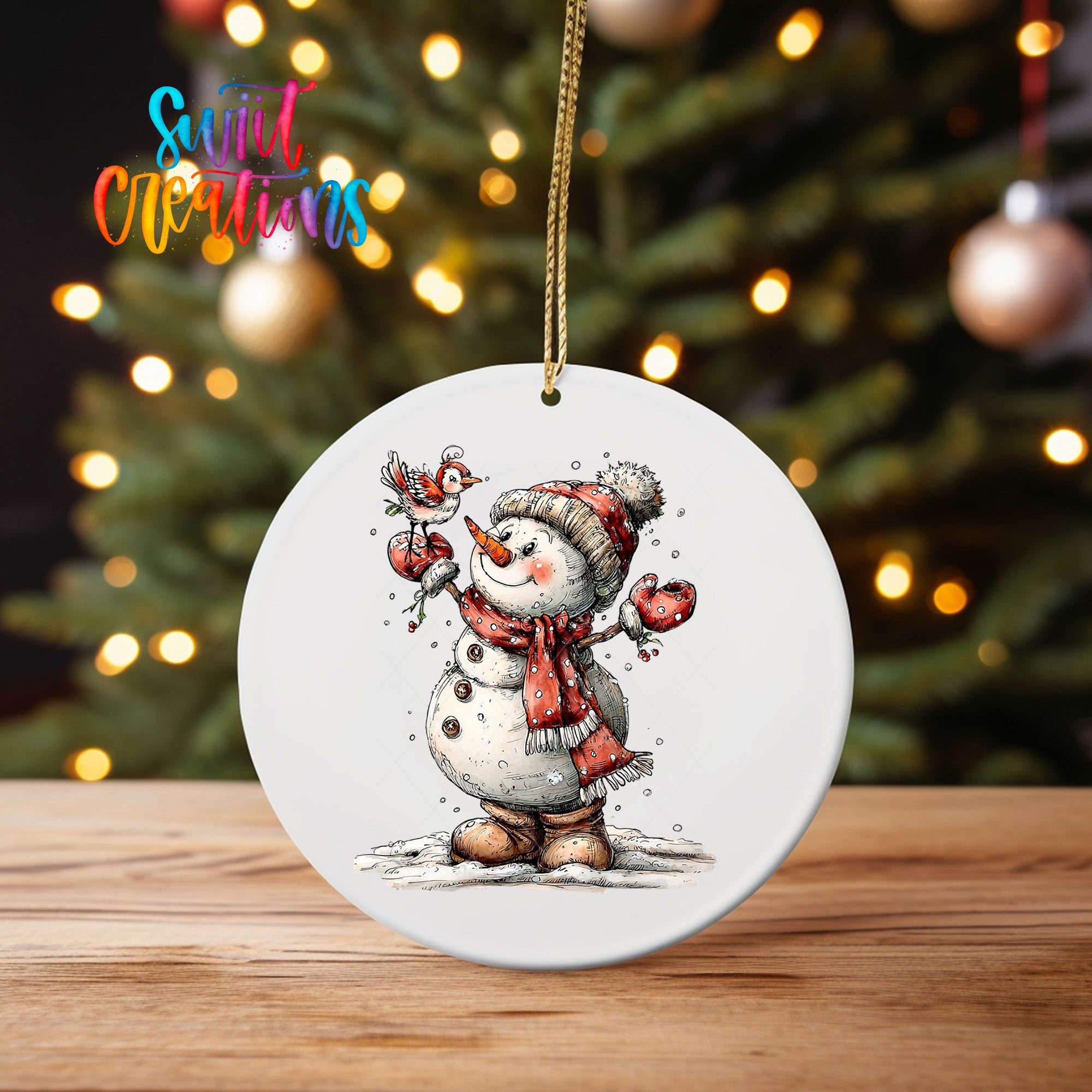 A snowman ornament with a bird perched on its head, set against a blurred background of a Christmas tree with twinkling lights.
