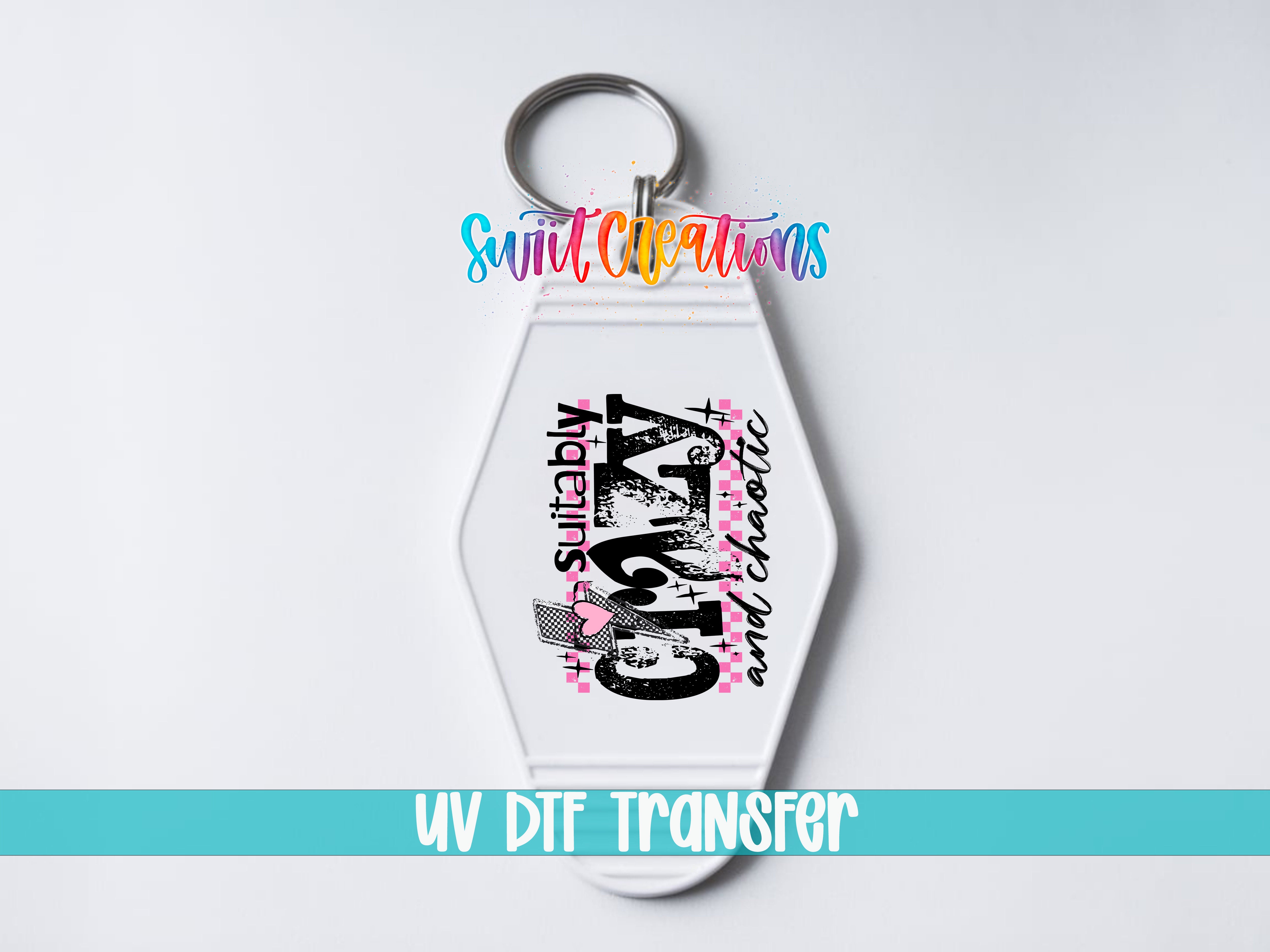 A keychain with a colorful design and text printed on it.