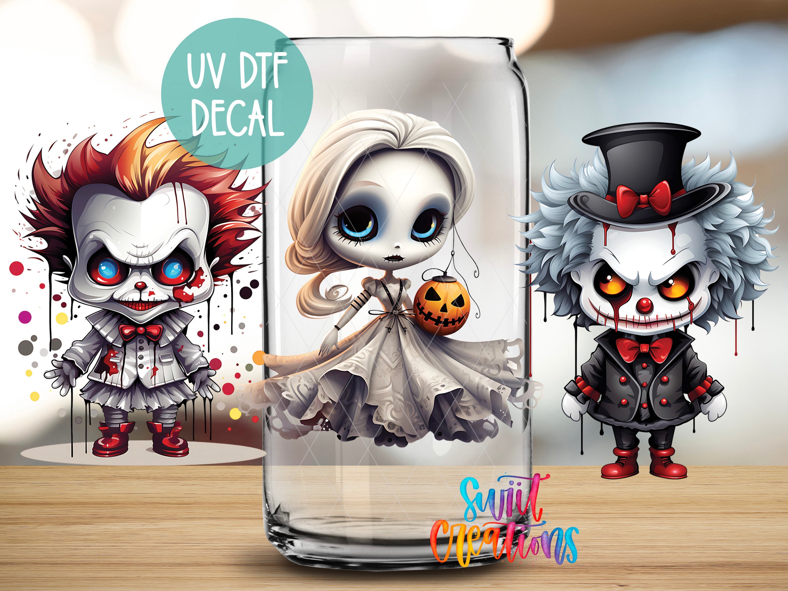 three illustrated characters: a skeleton with a pumpkin, a clown with a top hat, and a clown with a mask. The characters are depicted in a glass jar, and the image includes text that reads "UV DTF DECAL" and "Sunlit Creations".