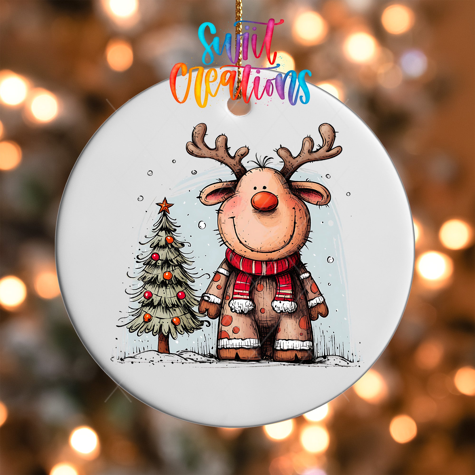 A white ornament featuring a cartoon reindeer standing next to a Christmas tree.