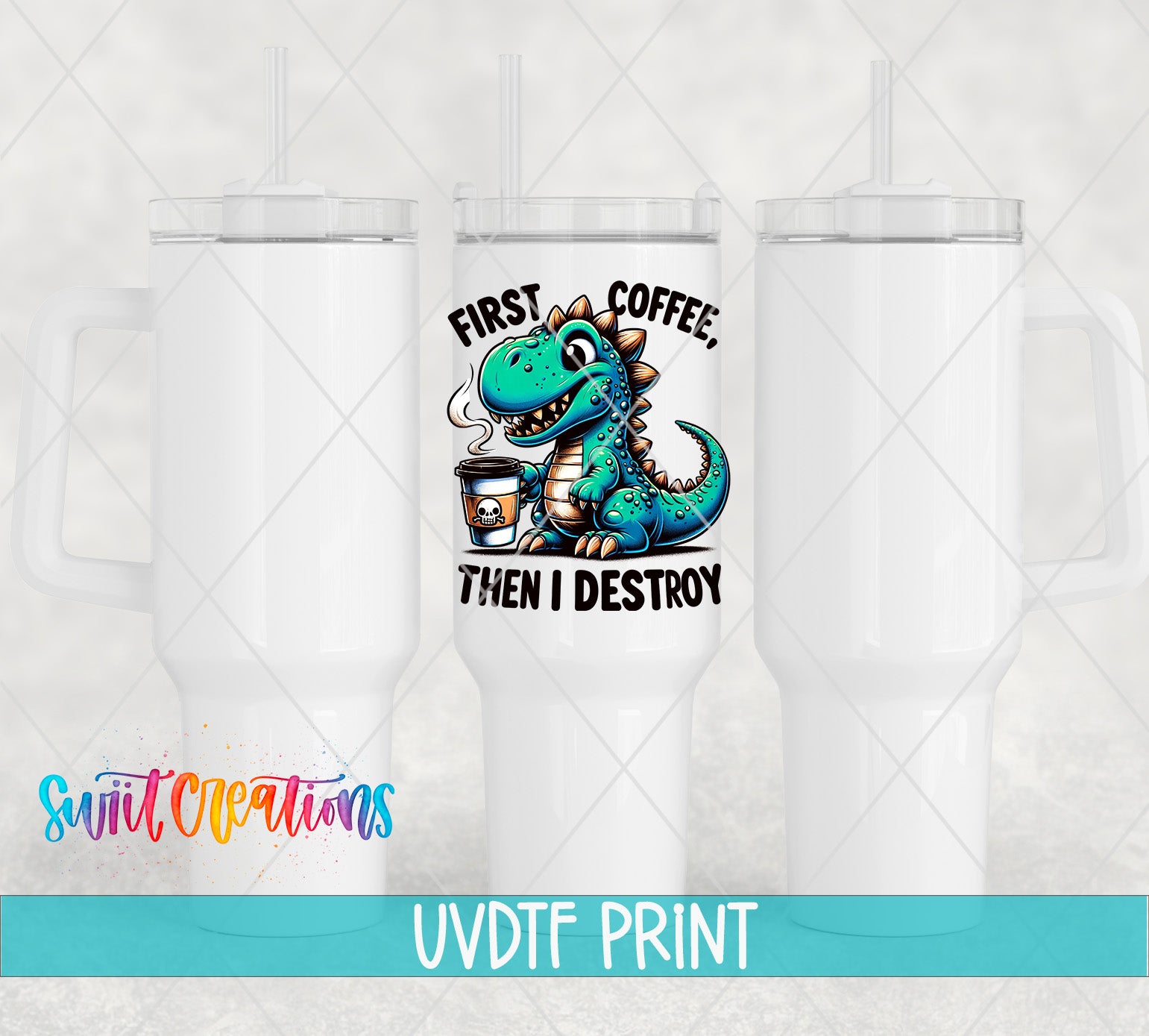 a white ceramic mug with a cartoon dinosaur holding a cup of coffee and the text "FIRST COFFEE. THEN I DESTROY" printed on it.
