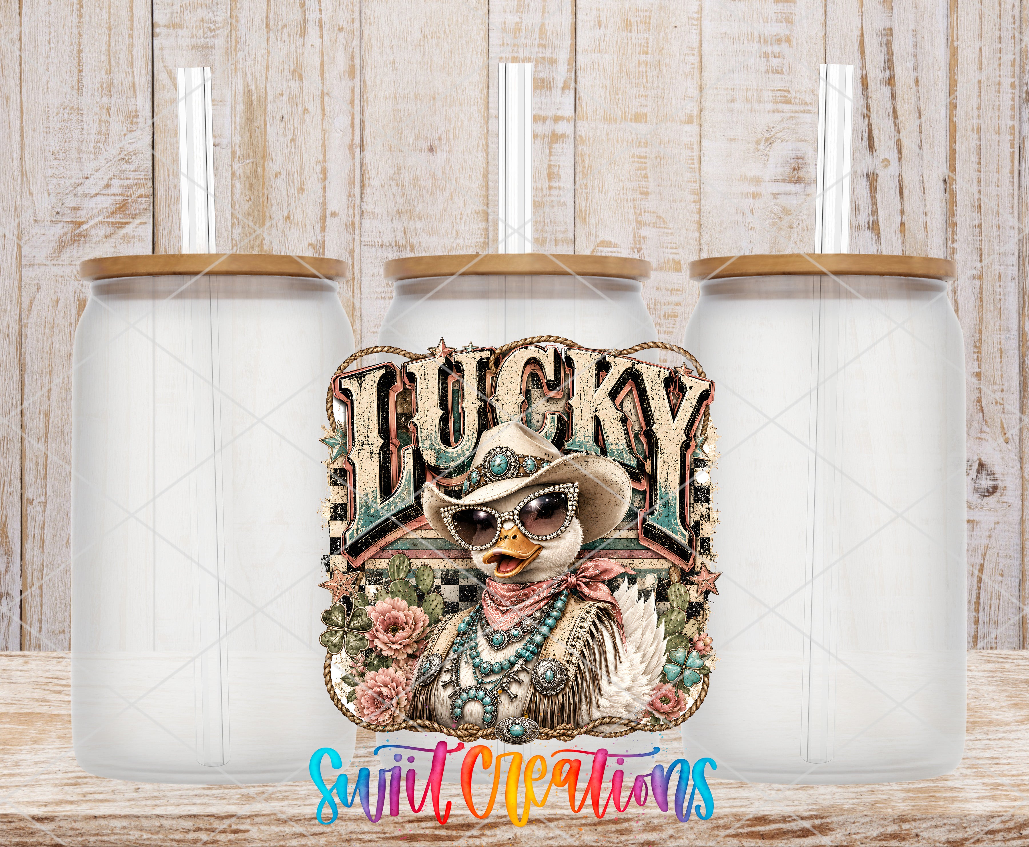 a collage of three glass jars with straws, each containing a straw. The central focus of the image is a decorative label or artwork that includes a cartoon duck wearing sunglasses and a cowboy hat, surrounded by flowers and other decorative elements.