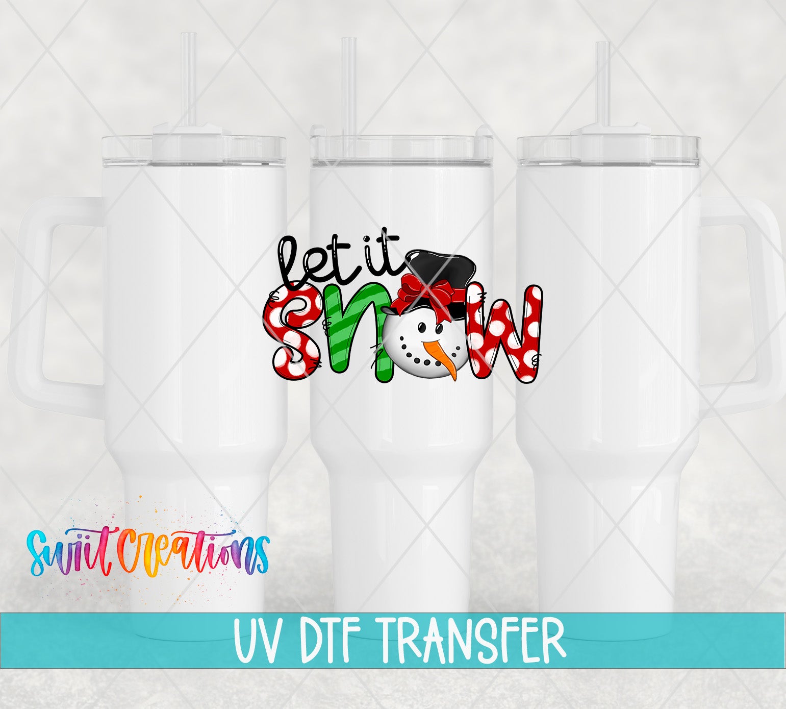 three white tumblers with a snowman design and the text "let it snow" printed on them.