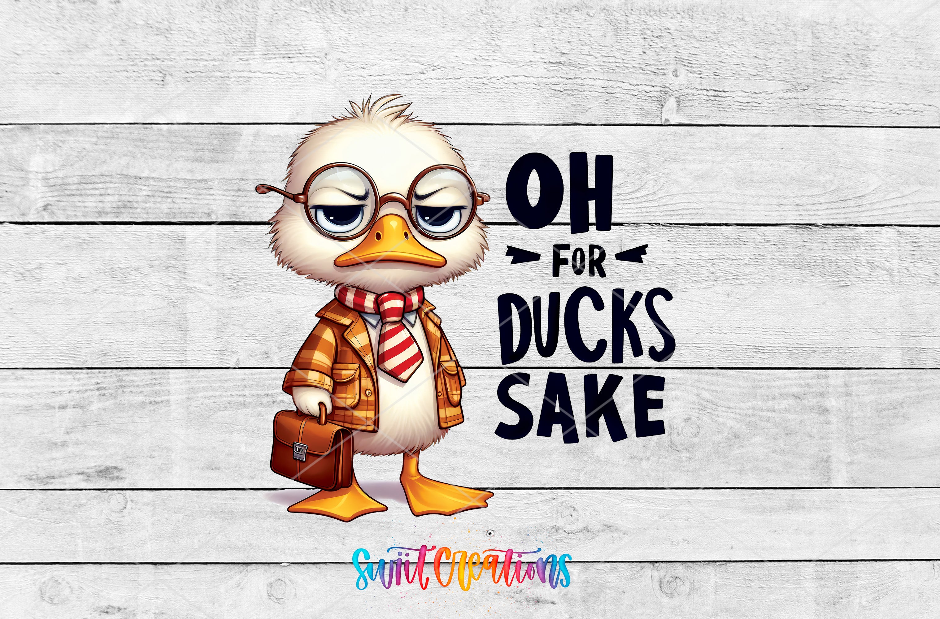 A cartoon duck wearing glasses and a tie, standing on a wooden background with the text "OH FOR DUCKS SAKE" written above it.