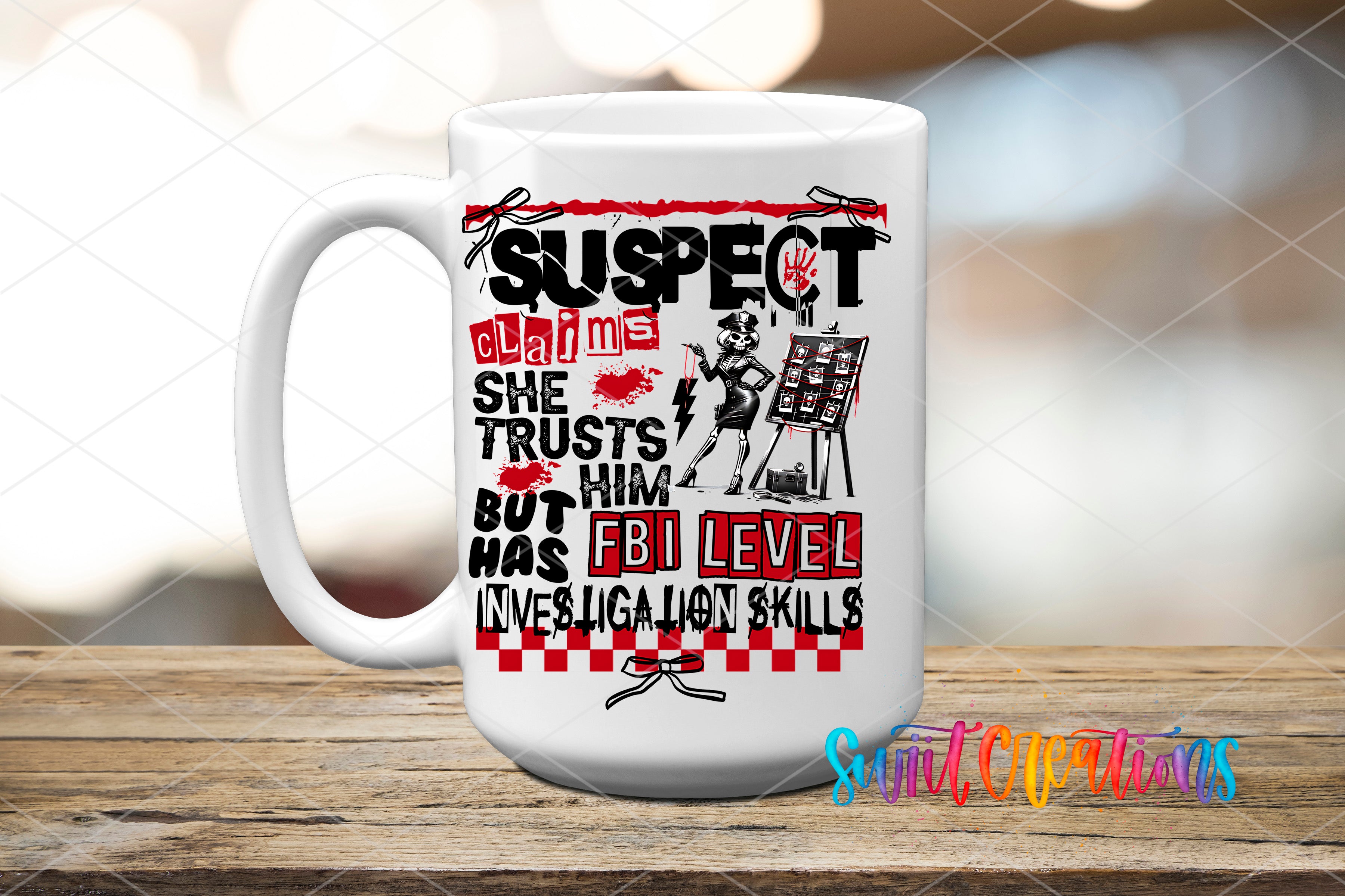 A white mug with a graphic design featuring text and illustrations related to a police officer or law enforcement.