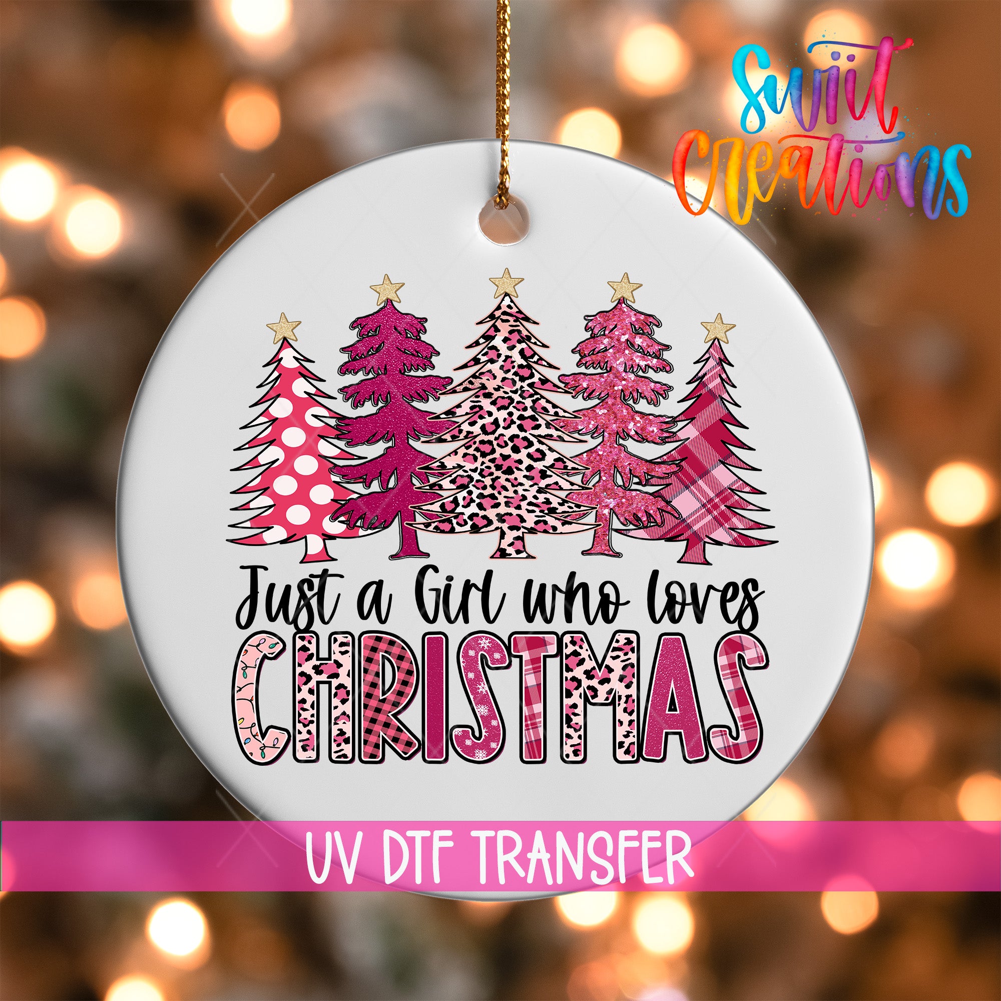 A white ornament with a Christmas tree design and text that reads "Just a Girl who loves Christmas".