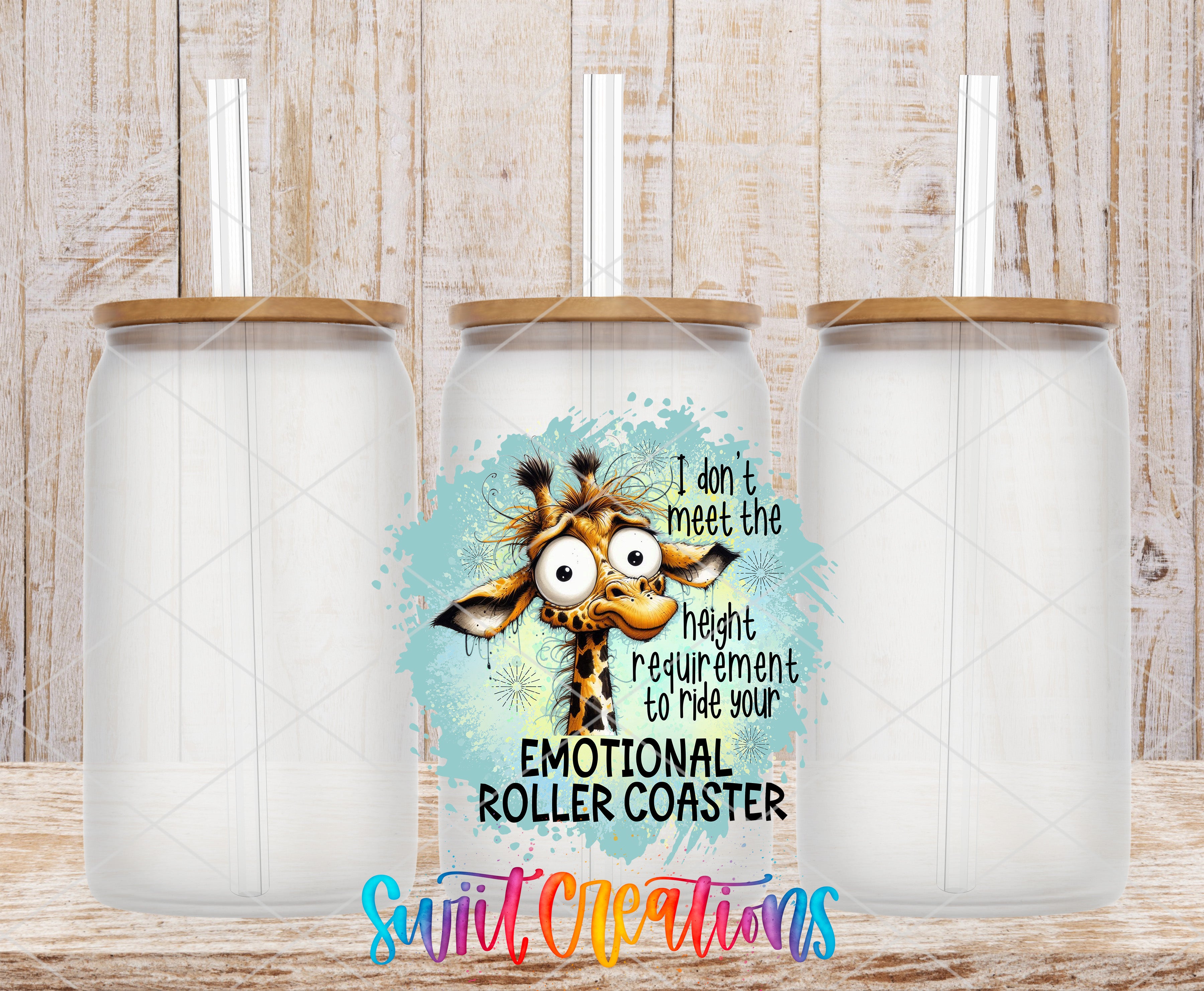 a tumbler with a giraffe design and a humorous text overlay.