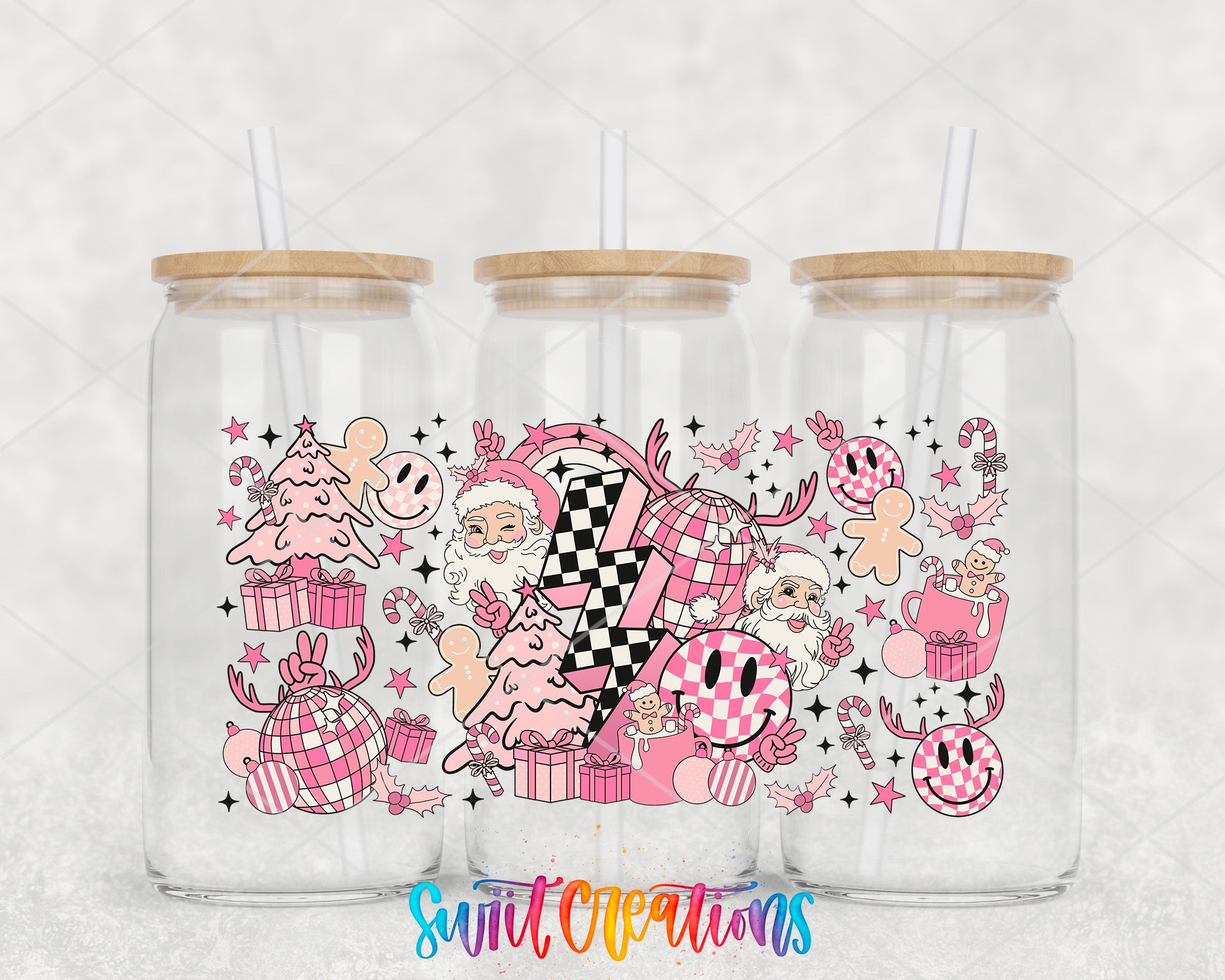 A collage of three glass jars with a festive, colorful design featuring Santa Claus, Christmas trees, and other holiday-themed elements.