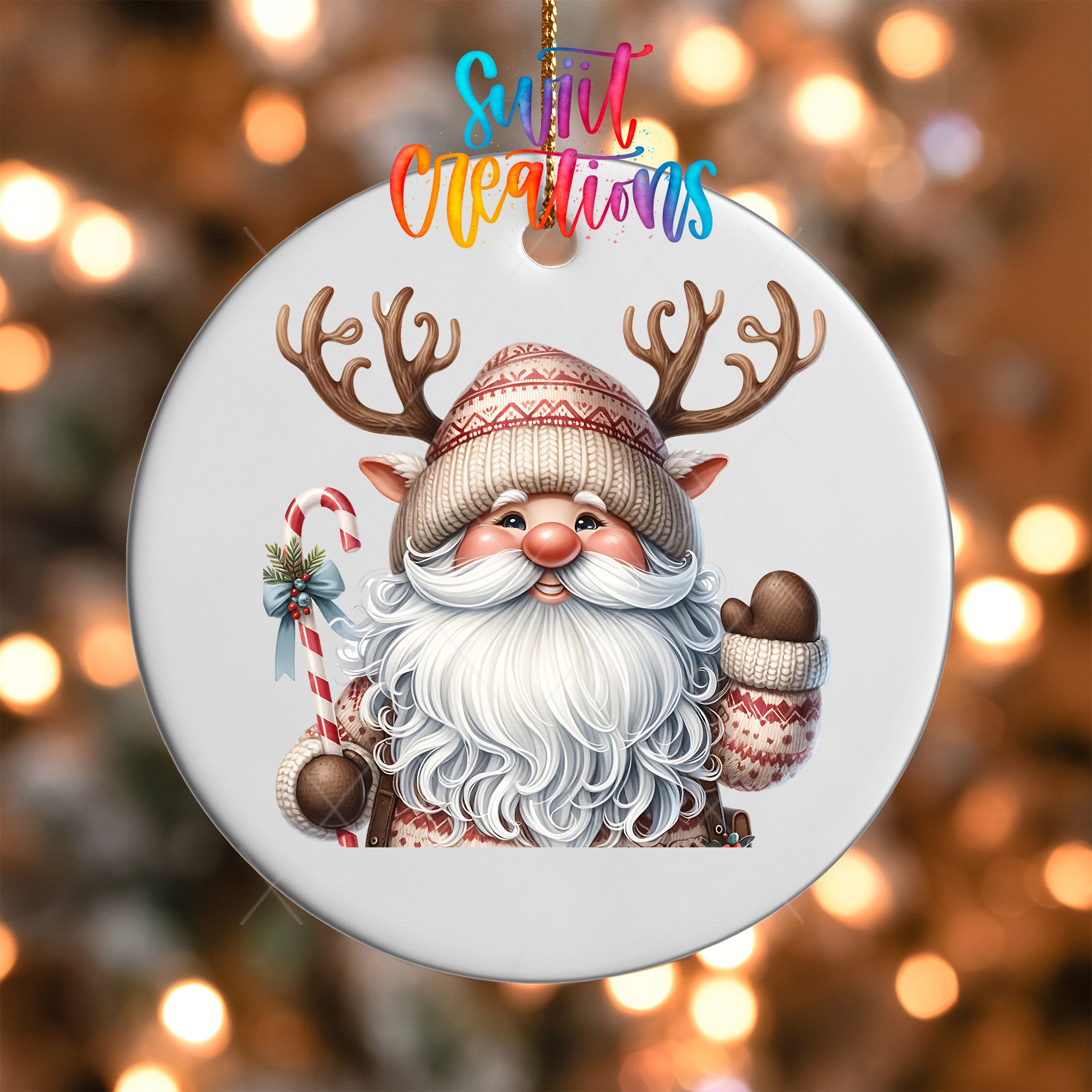 Santa Claus ornament with antlers and a red and white striped sweater, holding a candy cane and a red and white striped scarf.