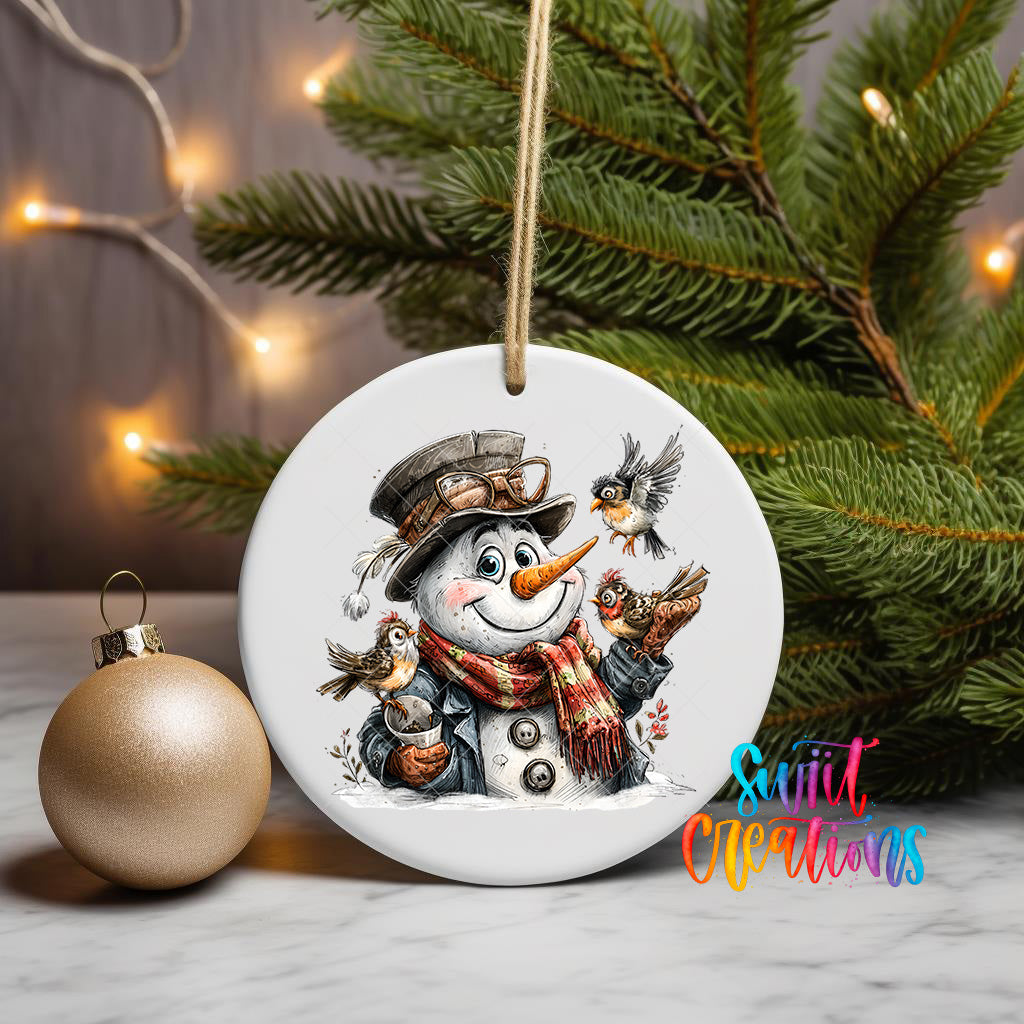 A white ceramic ornament featuring a snowman with a scarf and hat, holding a bird, is displayed on a table next to a gold ornament and a Christmas tree.
