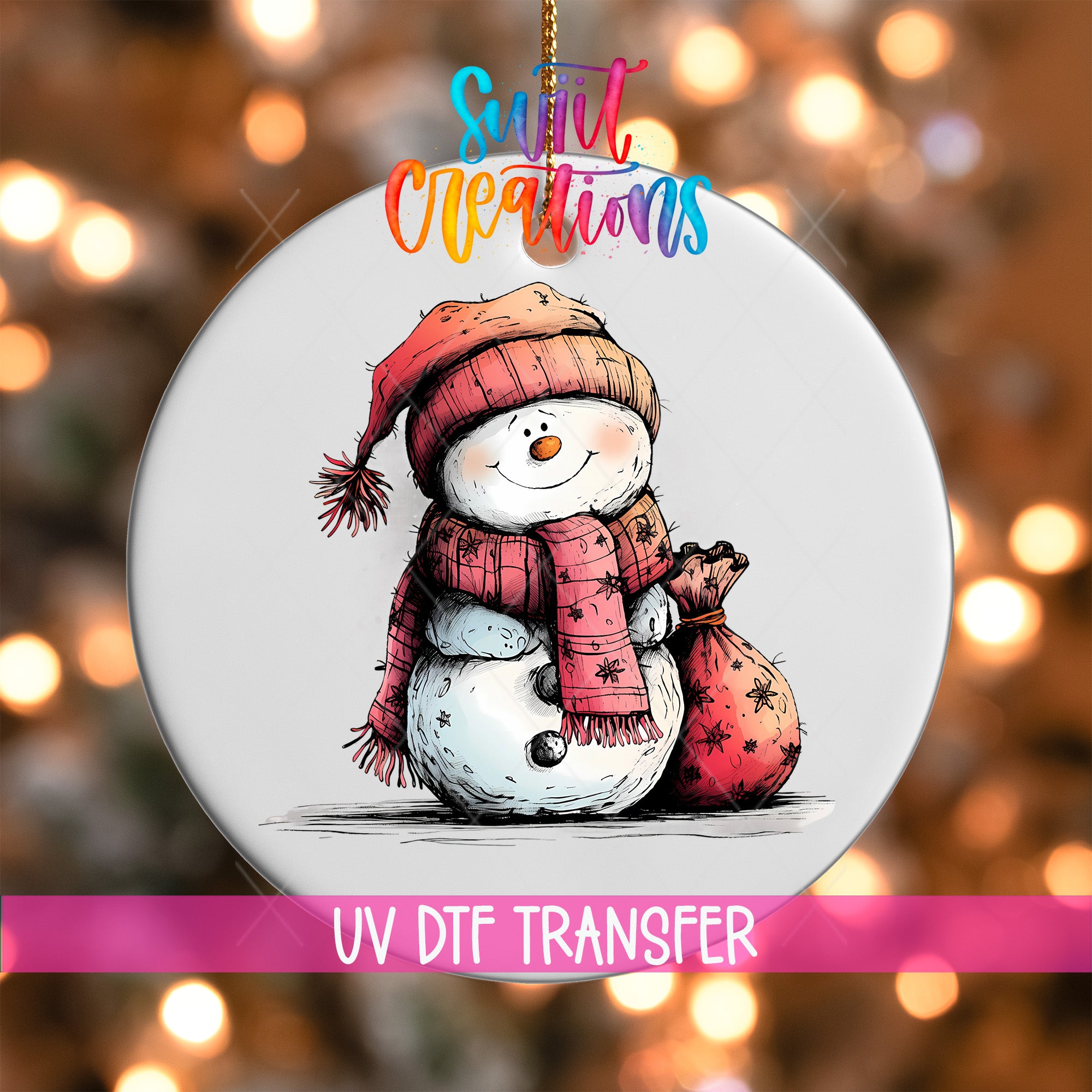 A snowman ornament with a scarf and a bag, set against a background of colorful lights.