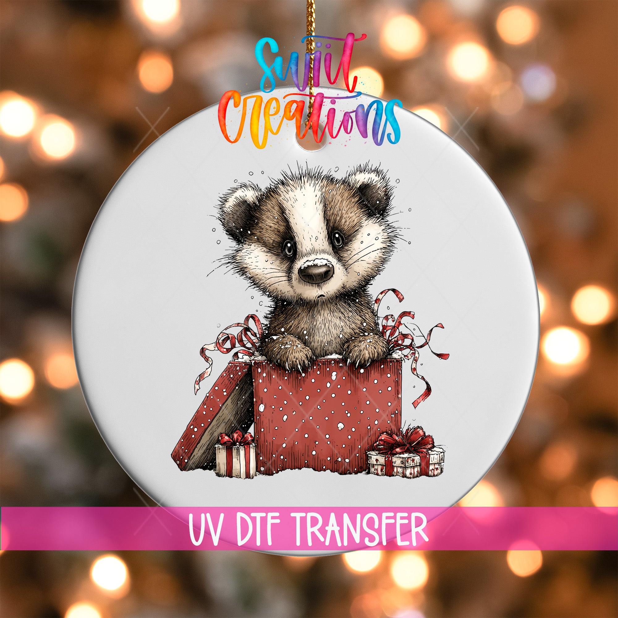 A ceramic ornament featuring a cute badger sitting inside a red gift box, surrounded by presents and ribbons.