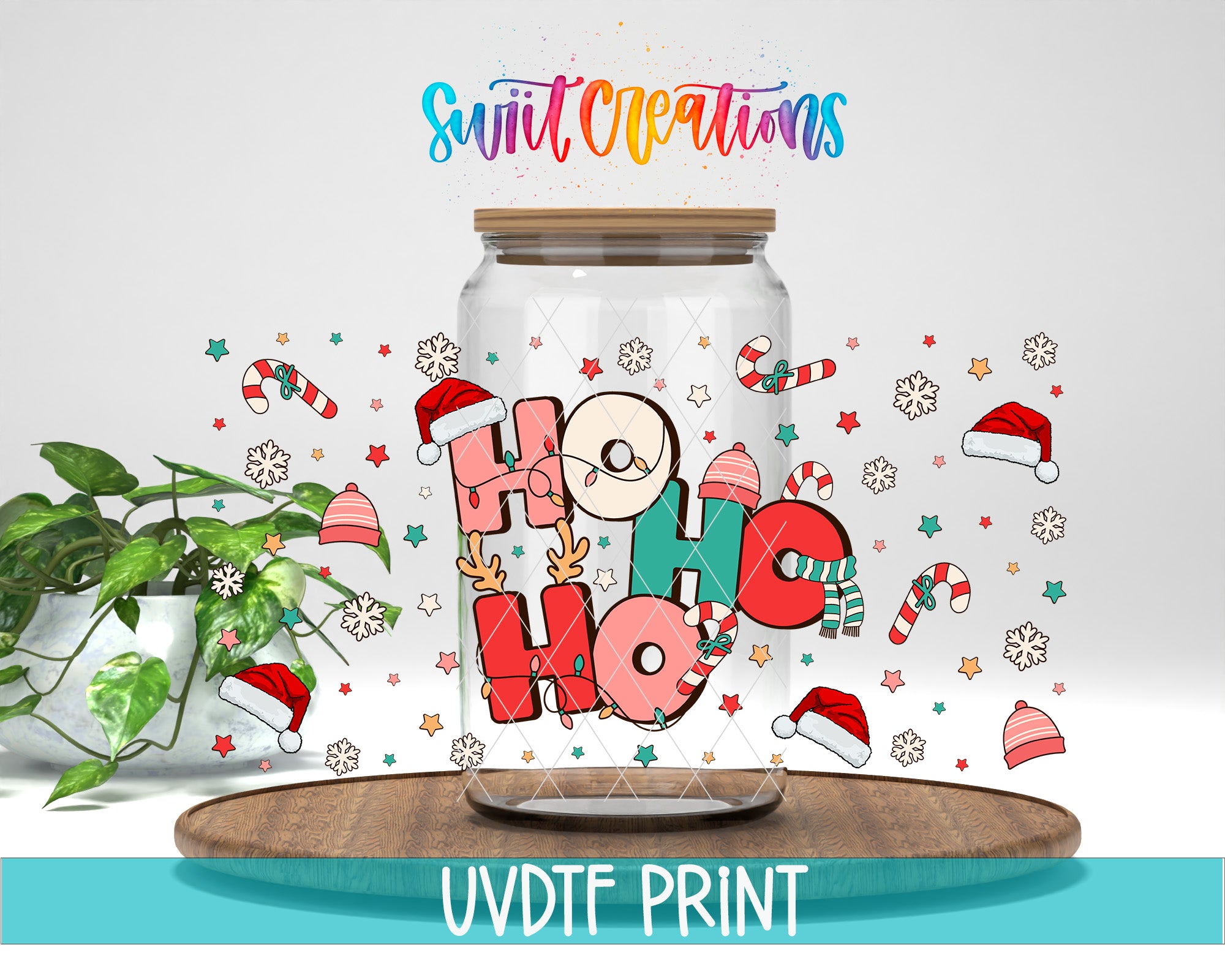 A glass jar with a lid, decorated with a festive design featuring the text "HO HO" surrounded by various Christmas-themed elements such as snowflakes, candy canes, and Santa hats.