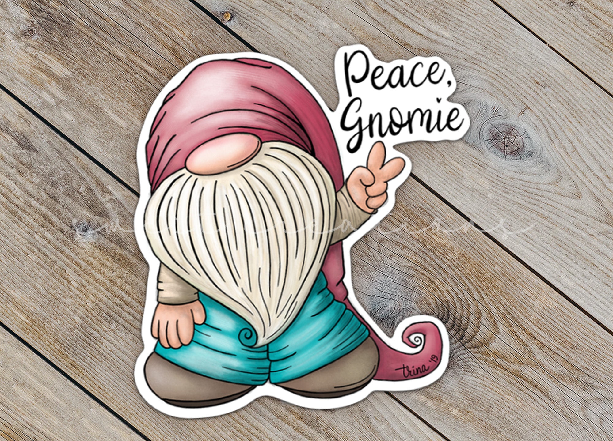 a sticker of a gnome holding a peace gnome sign