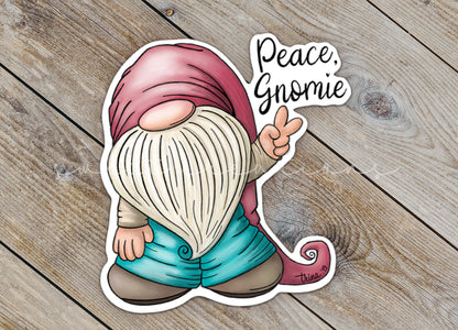 a sticker of a gnome holding a peace gnome sign
