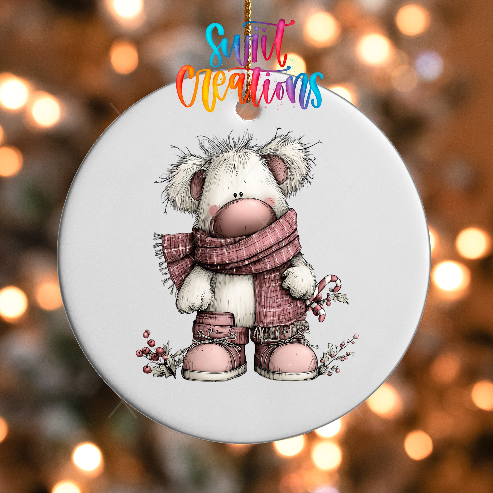 A white ornament with a cute illustration of a bear wearing a scarf and holding a candy cane, set against a blurred background with twinkling lights.