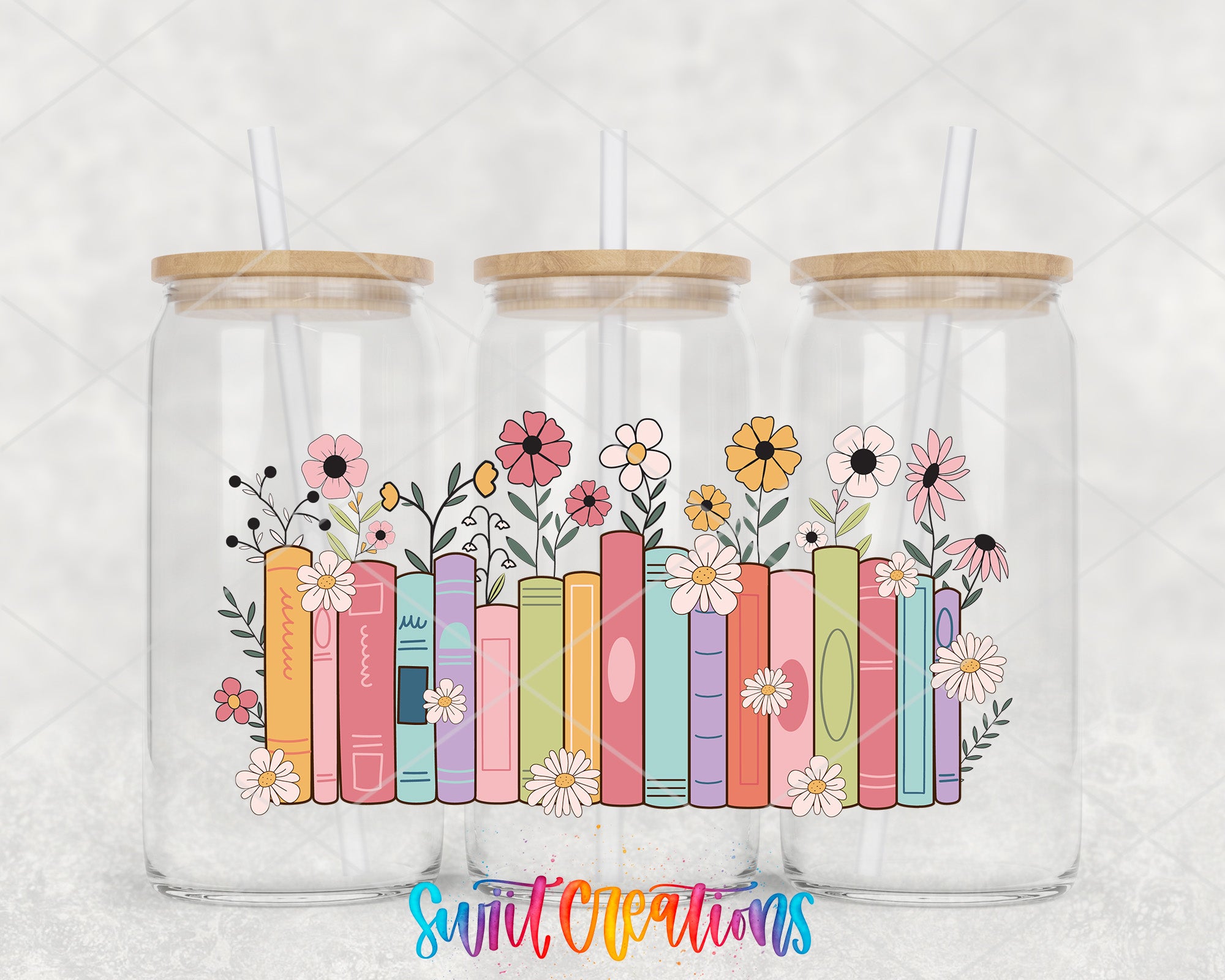 Three glass jars with lids, each containing a row of colorful books with flowers on the spines.