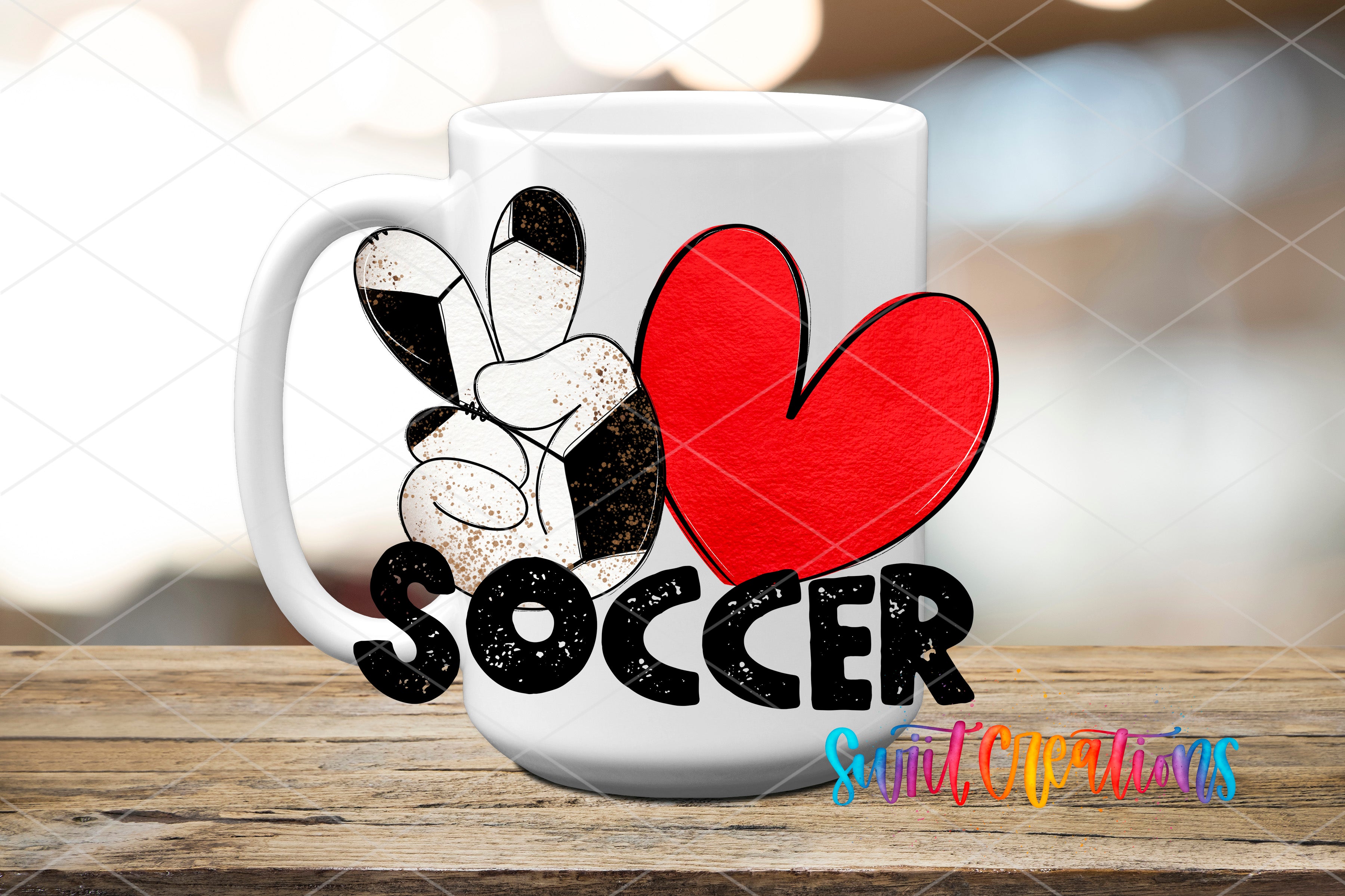 A white mug with a graphic design featuring a peace sign and a red heart, along with the word "SOCCER" written below.