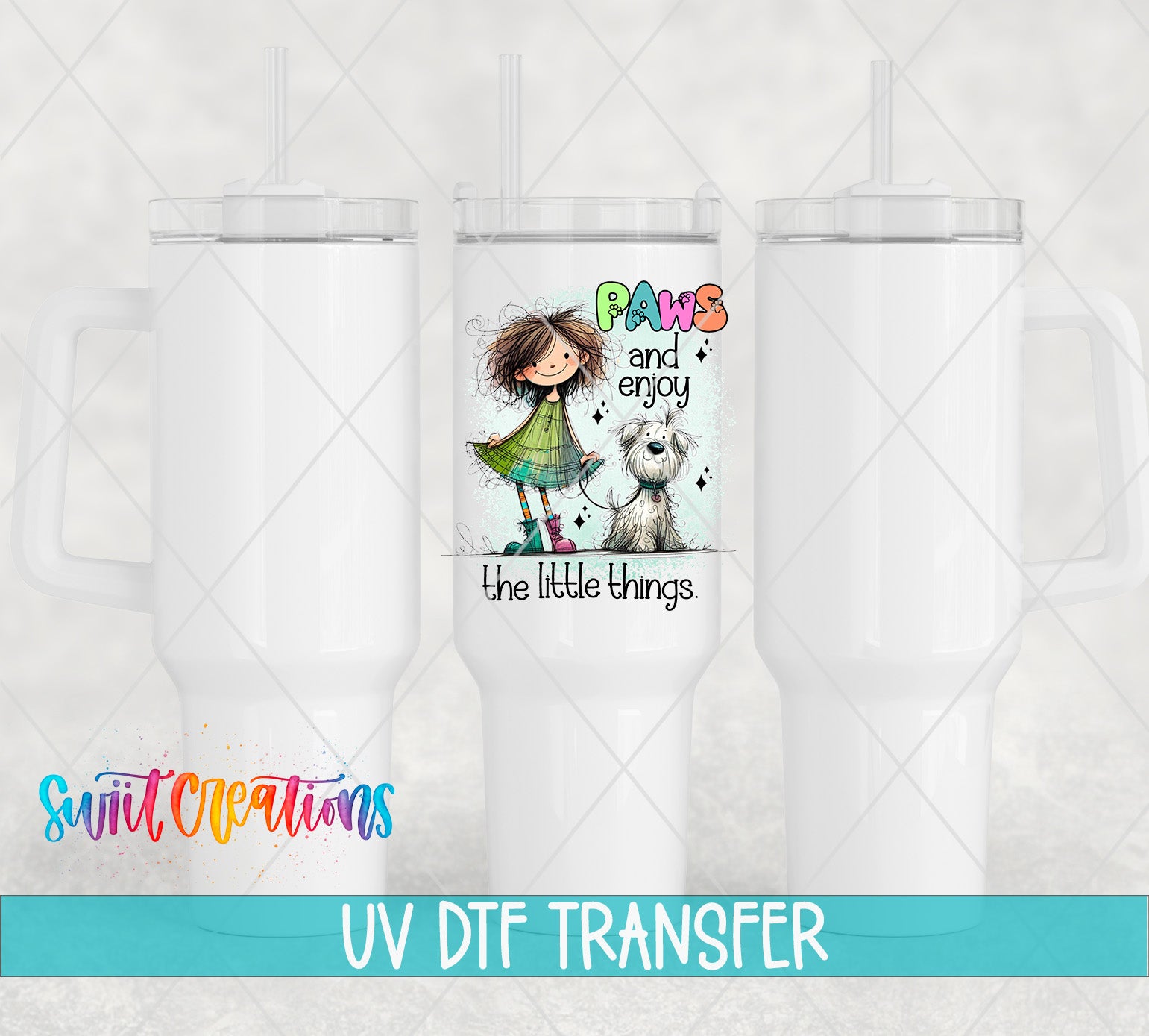 The image is a promotional image for a UV DFT (Volumetric Data Transfer) transfer service, featuring a cartoon girl and a dog.