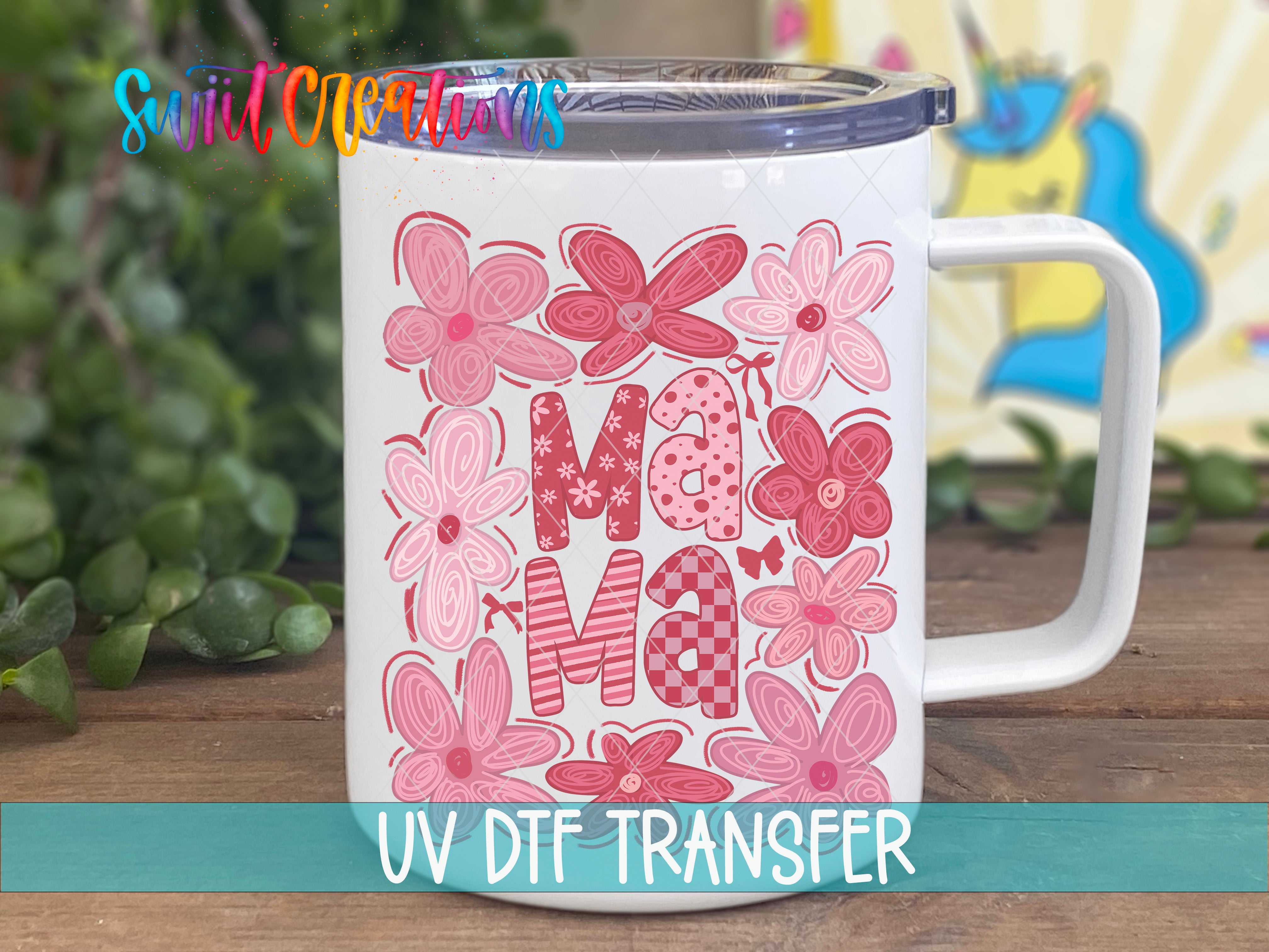 A white ceramic mug with a floral design and the text "Mama" printed on it, placed on a wooden surface.